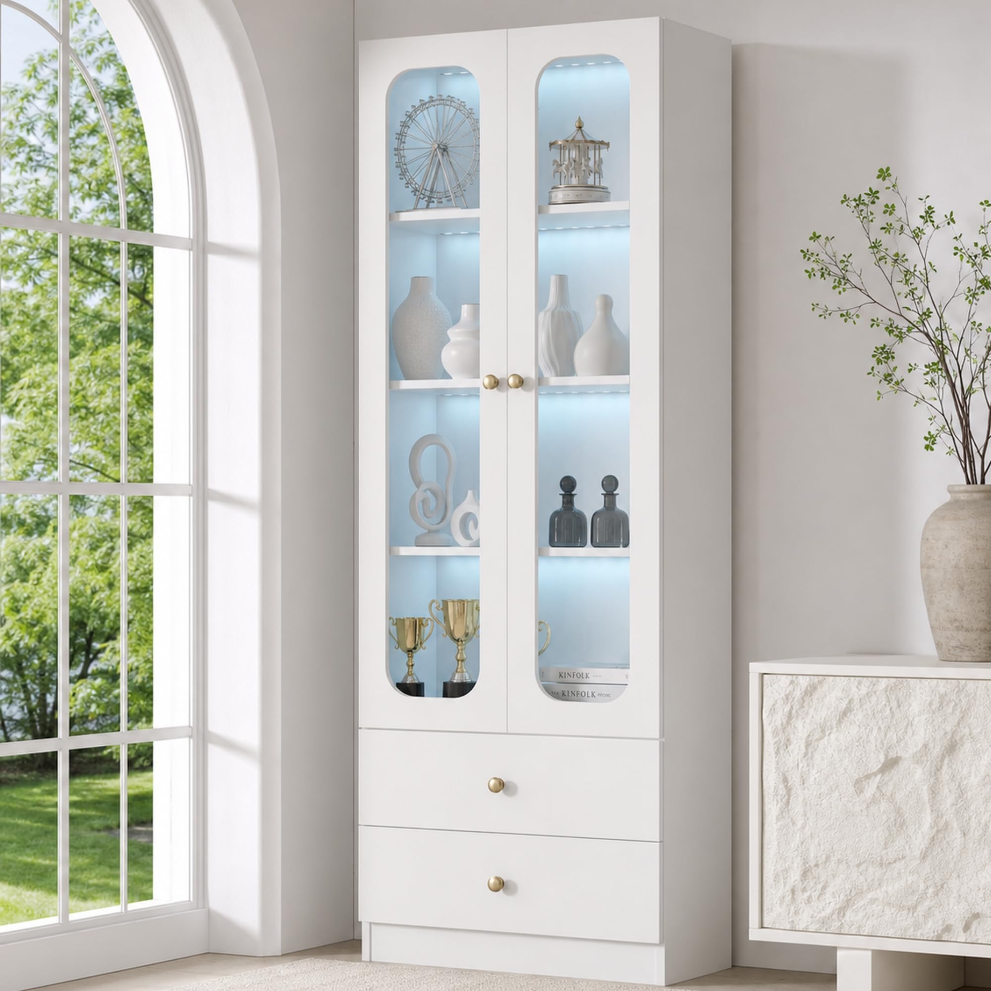 Vitrina de cristal blanco, armario de cocina, vitrina coleccionable, 4 niveles, armario de juguetes con 2 cajones, asas de metal doradas, 60 x 35 x 170 cm