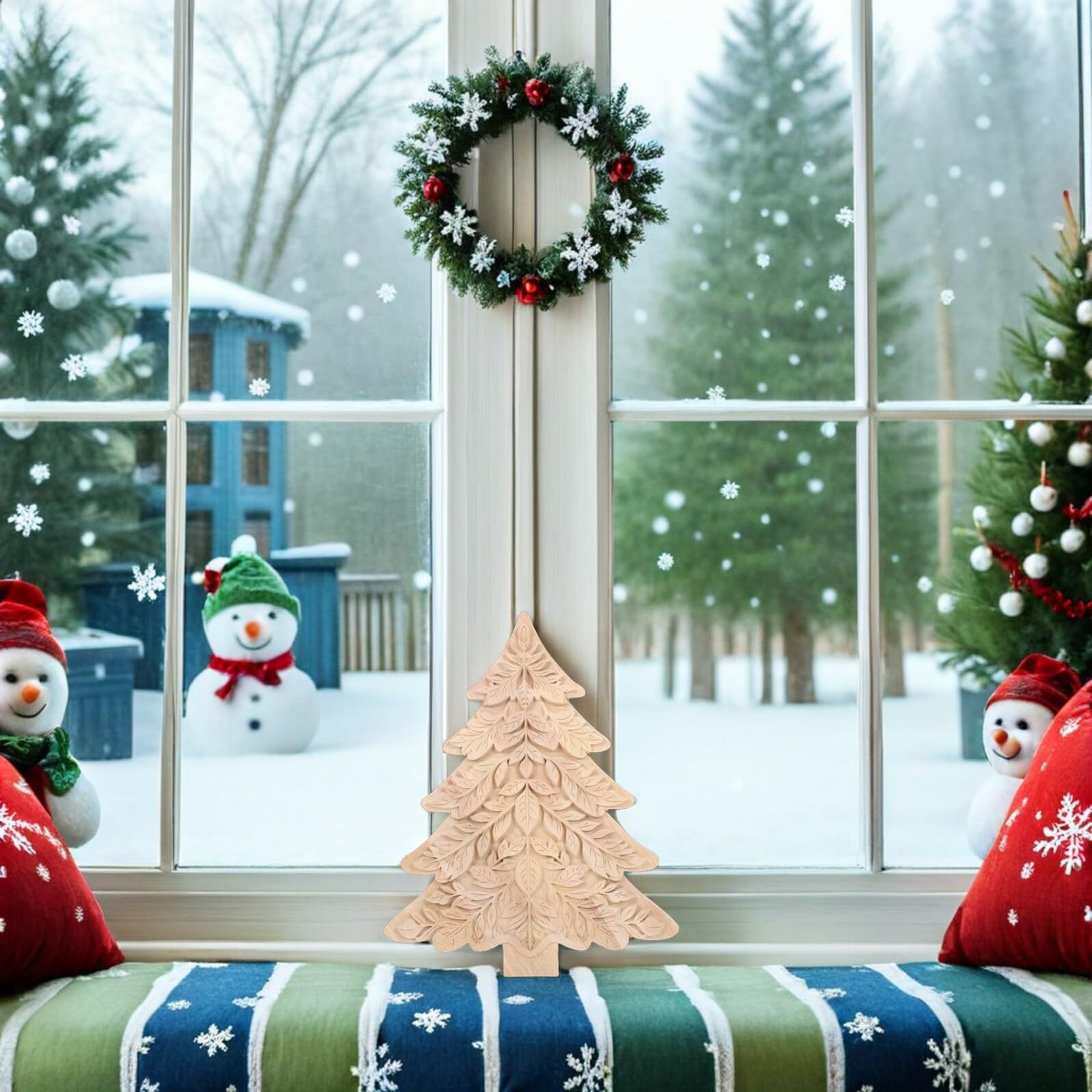 Décoration Sapin de Noël Bois Sculpté Ornements Rustiques sur Pied Éléments DIY pour Centre de Table et Cheminée Décor Hivernal Bois Naturel
