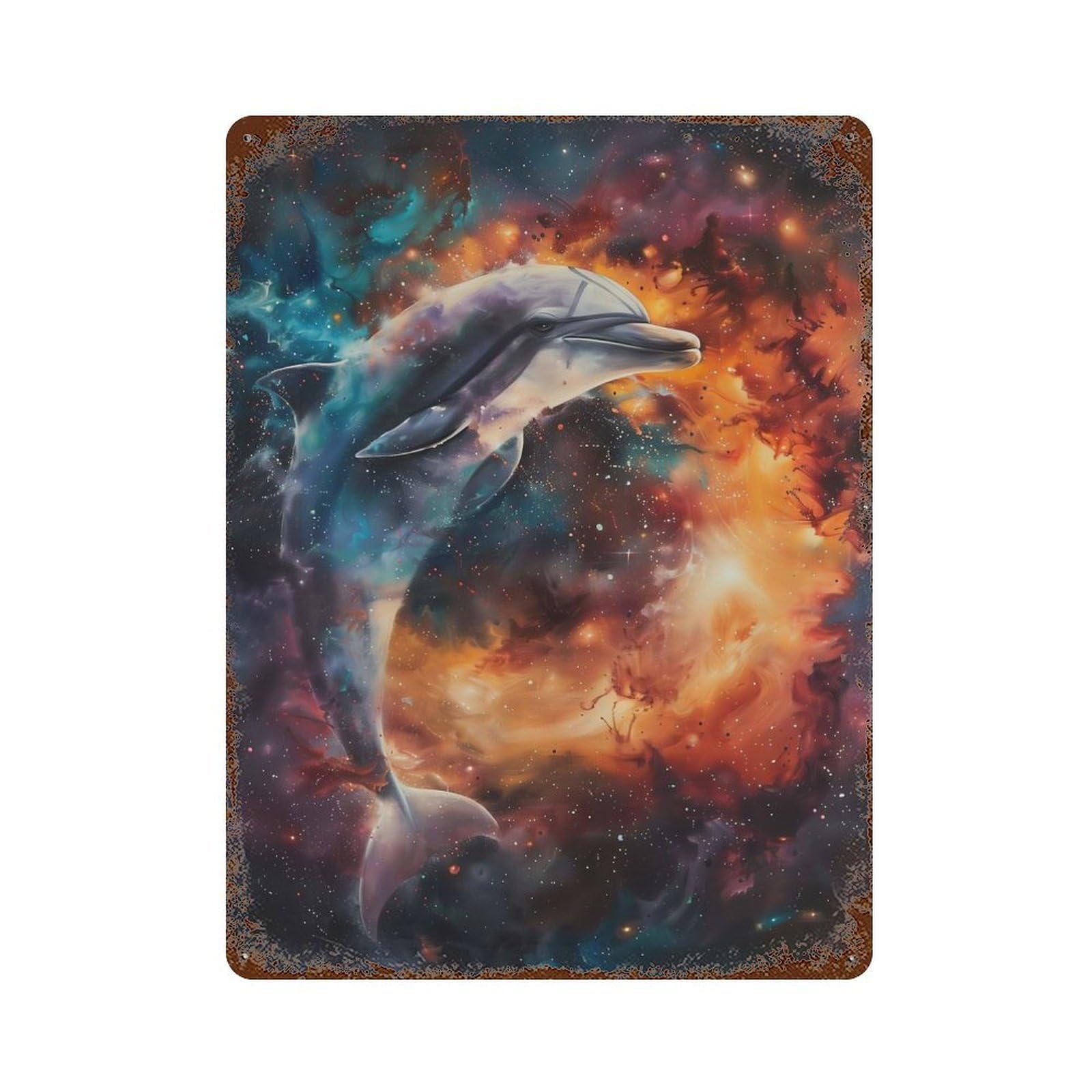 Cosmic Dolphin Dance Rusty Metal Tin Sign 15.7"x11.8", for Shed, Workshop And Garage Wall Decor, Shabby Chic Decor