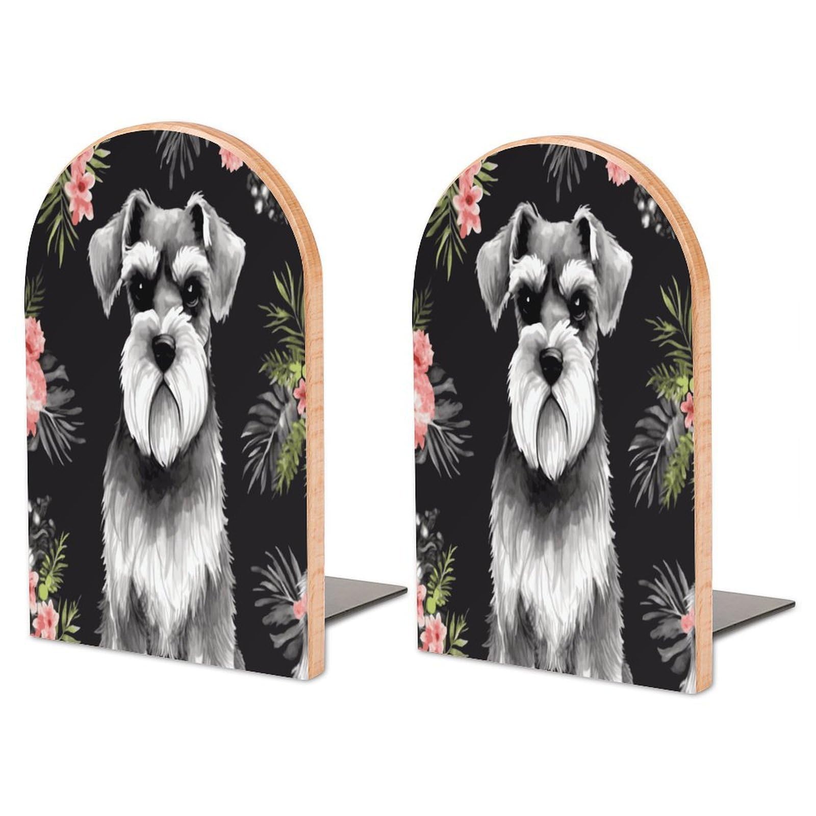 Schnauzer Bookend for Shelves Non-Skid Book Holder Modern Heavy Duty Bookend Stopper Metal Base Wood Book End Books Shelf Holder Home Decorative 1pair 6.7x3.9x4.7