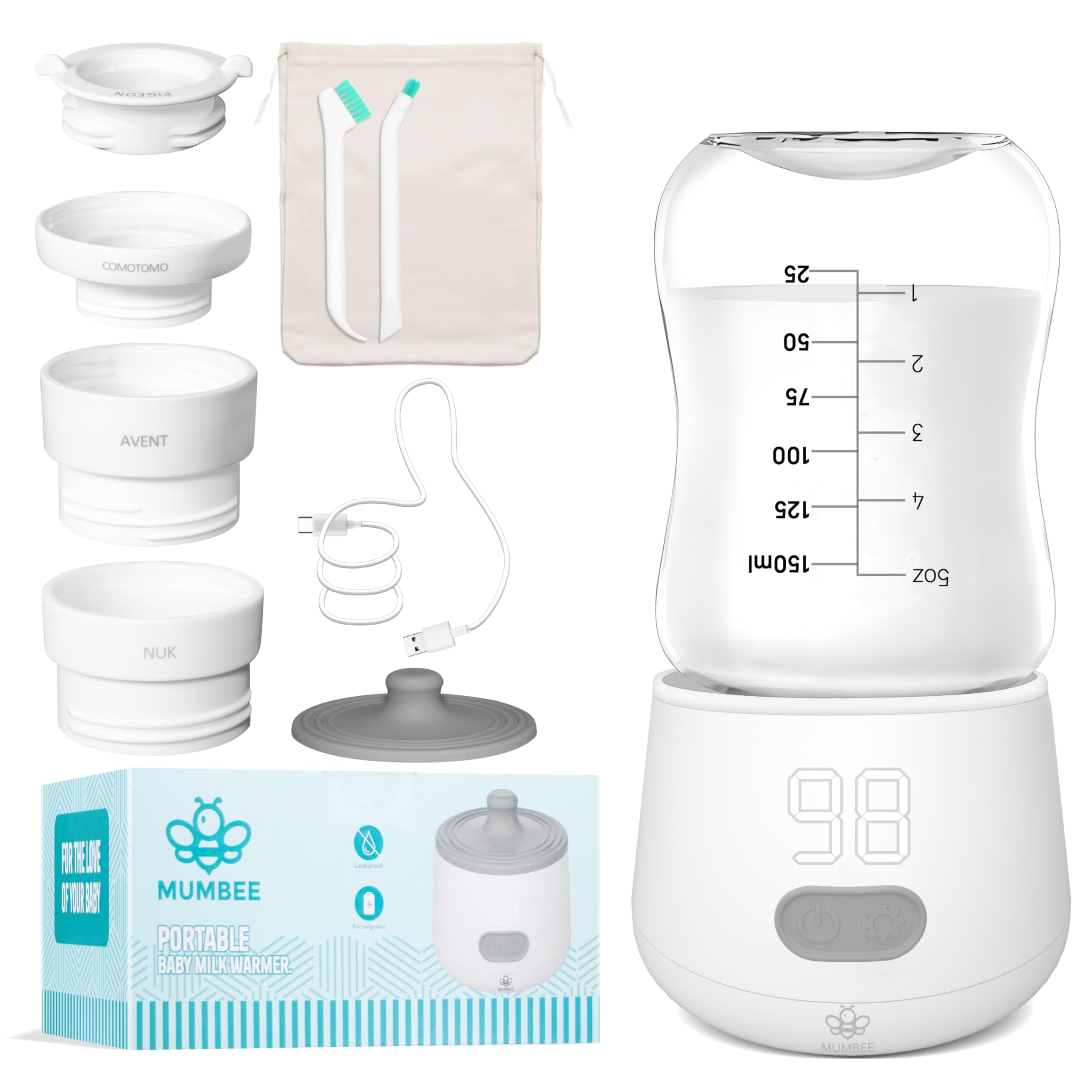 MUMBEE Portable Bottle Warmer for Travel with Fast 4 Heat Settings & Burn Protection, Leak-Proof & Safe Rechargeable Baby Bottle Warmer for Breastmilk