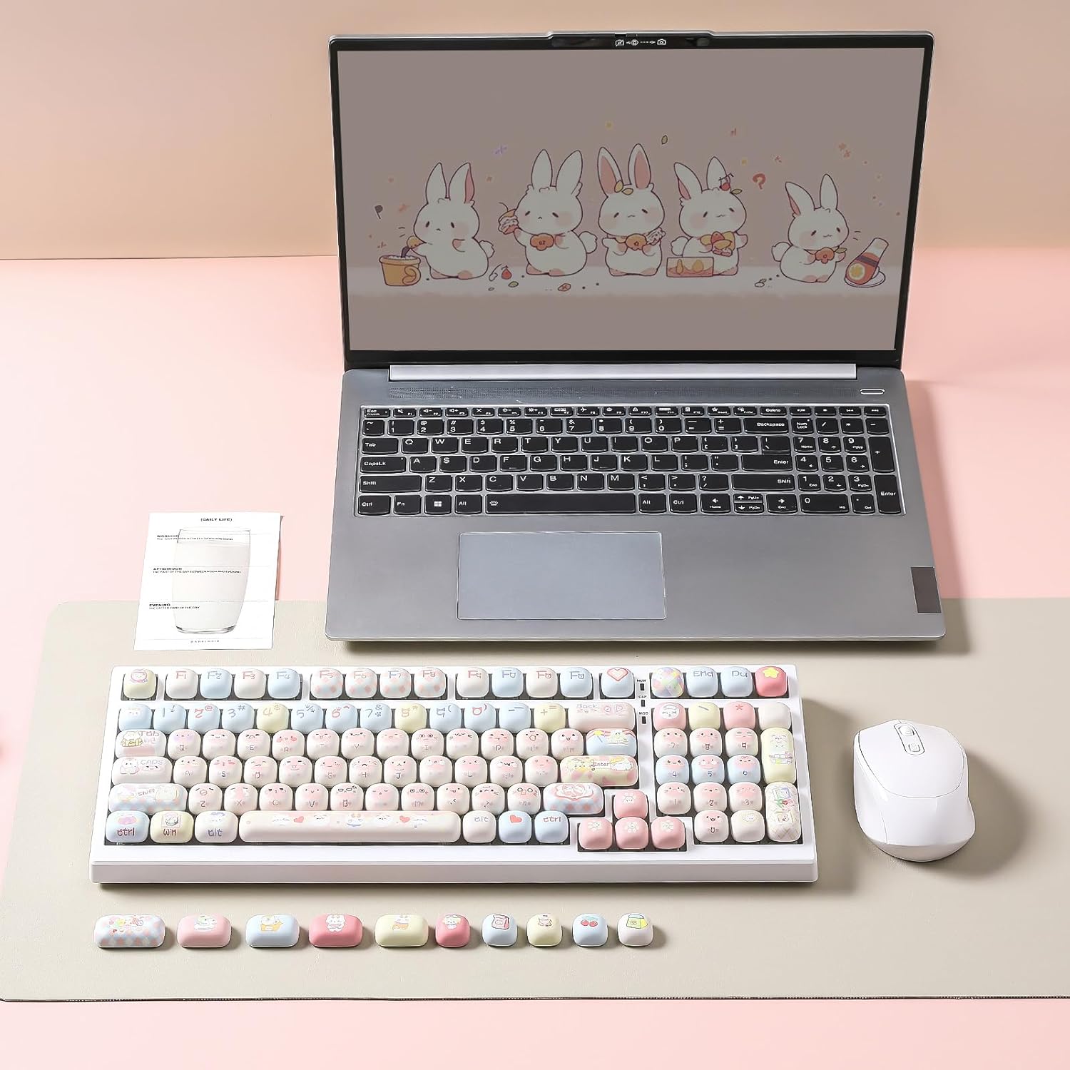 YUNZII Cute Pink Kitten Custom Keycaps, 141 Keys Dye Sub PBT MOG Profile Keycap Set for Mechanical Gaming Keyboards (Pink Kitten)