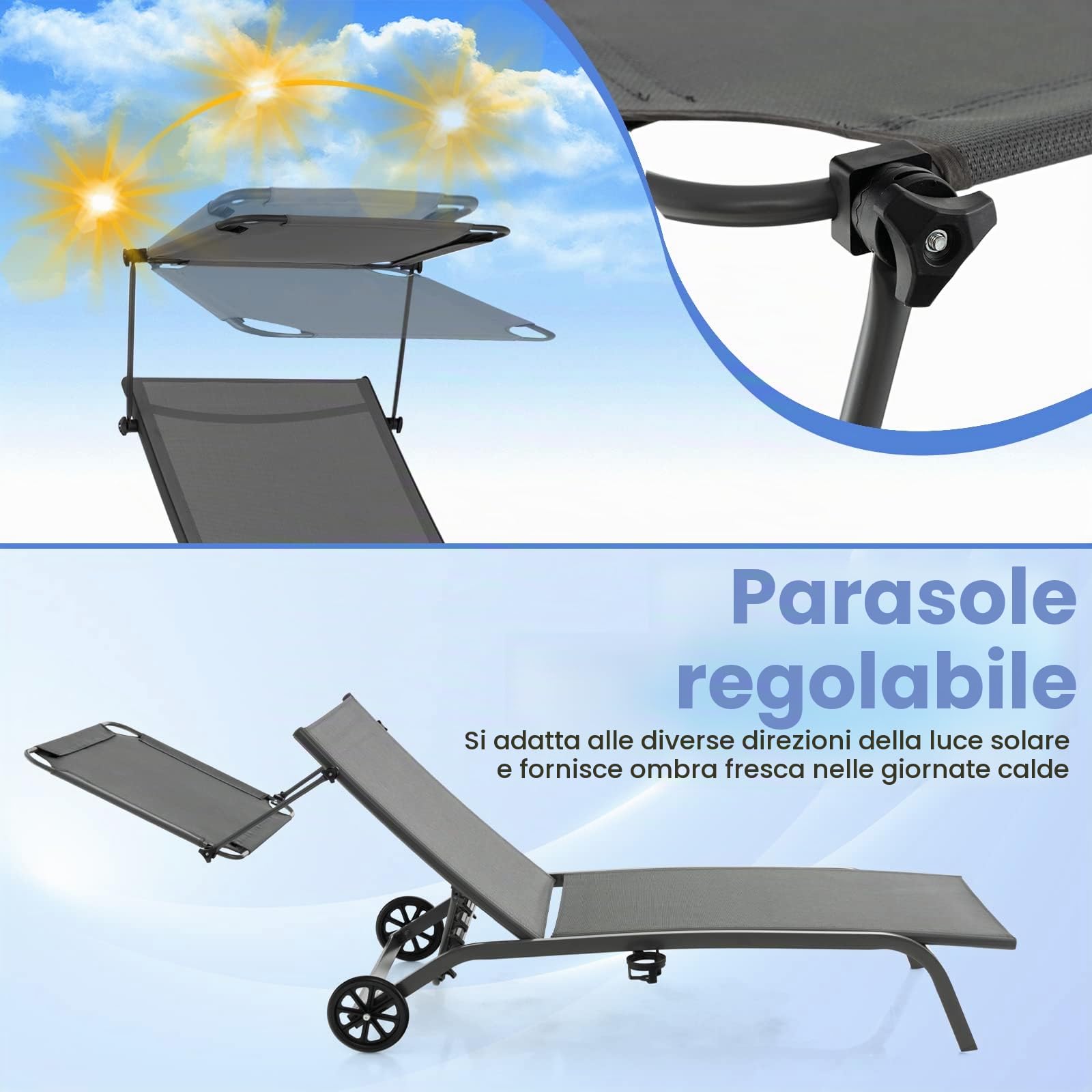 Giantex Lettino Pieghevole Prendisole, Sdraio Pieghevole con Schienale in 6 Posizioni, Chaise Longue Reclinabile con Ruote e Portabicchieri, Per Esterno, Giardino, Piscina e Spiaggia, Balcony