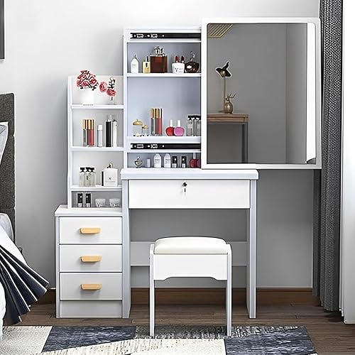 Miniatura 2 de Escritorio de tocador con luces LED, tocador de maquillaje con espejo, tocador con 4 cajones y estantes de almacenamiento, mesa de maquillaje para