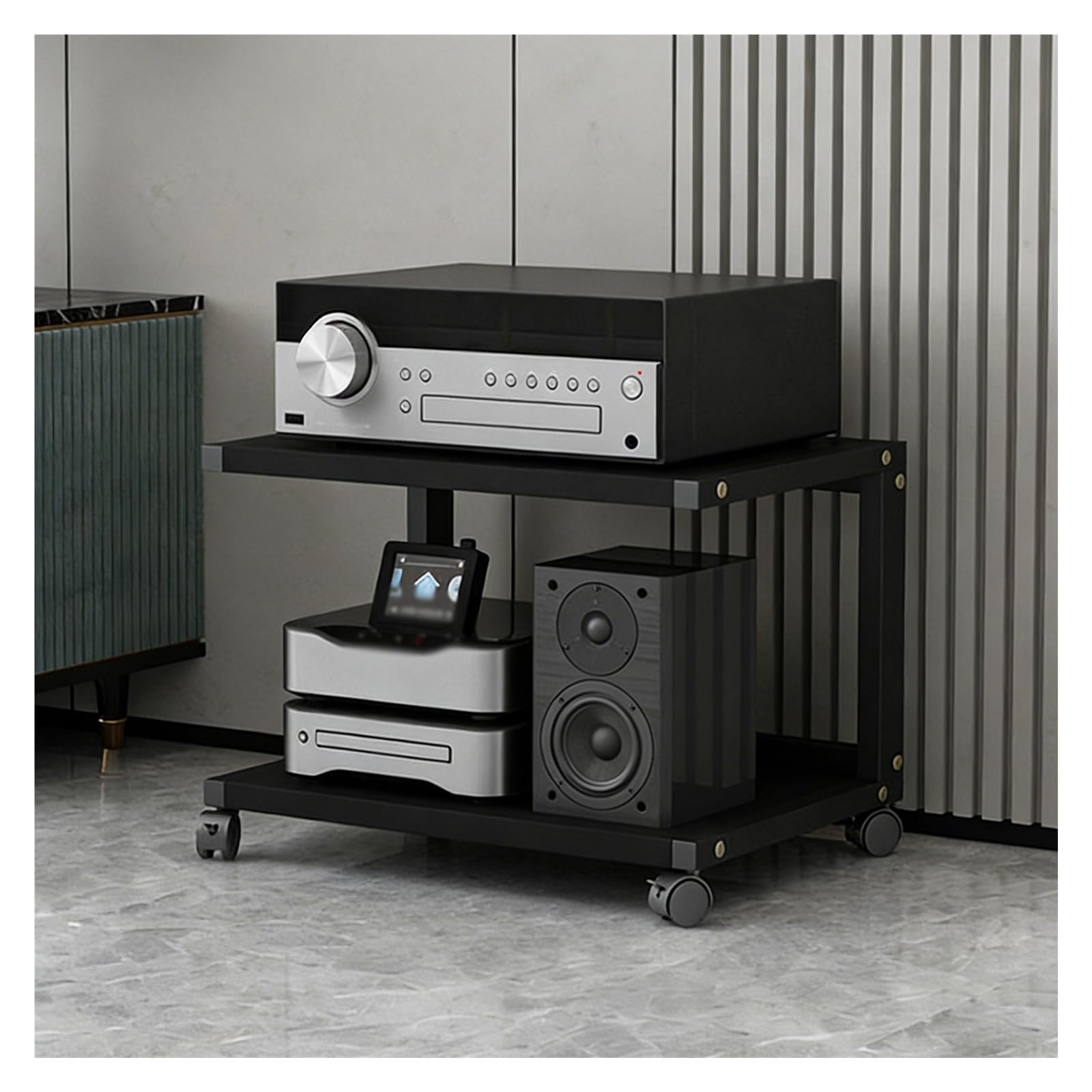 Étagère tour AV à 2 niveaux pour salon, meuble Hi-Fi compact à roulettes de 101,6 cm