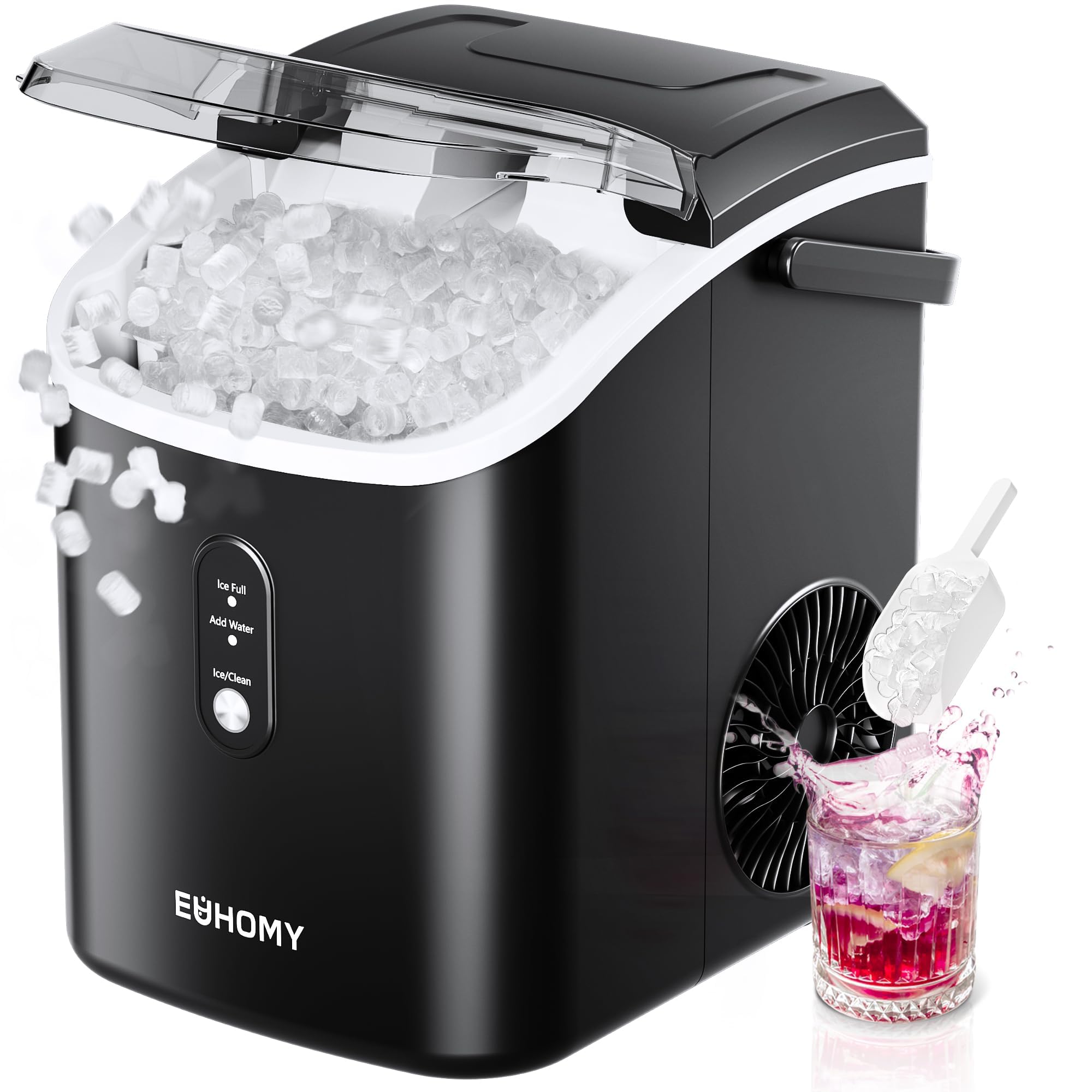 EUHOMY Nugget Ice Maker Countertop with Handle, Ready in 6 Mins, 34lbs Per Day, Removable Top Cover, Auto-Cleaning, Portable Sonic Ice Maker with Basket and Scoop, for Home/Party/RV/Camping (): Black