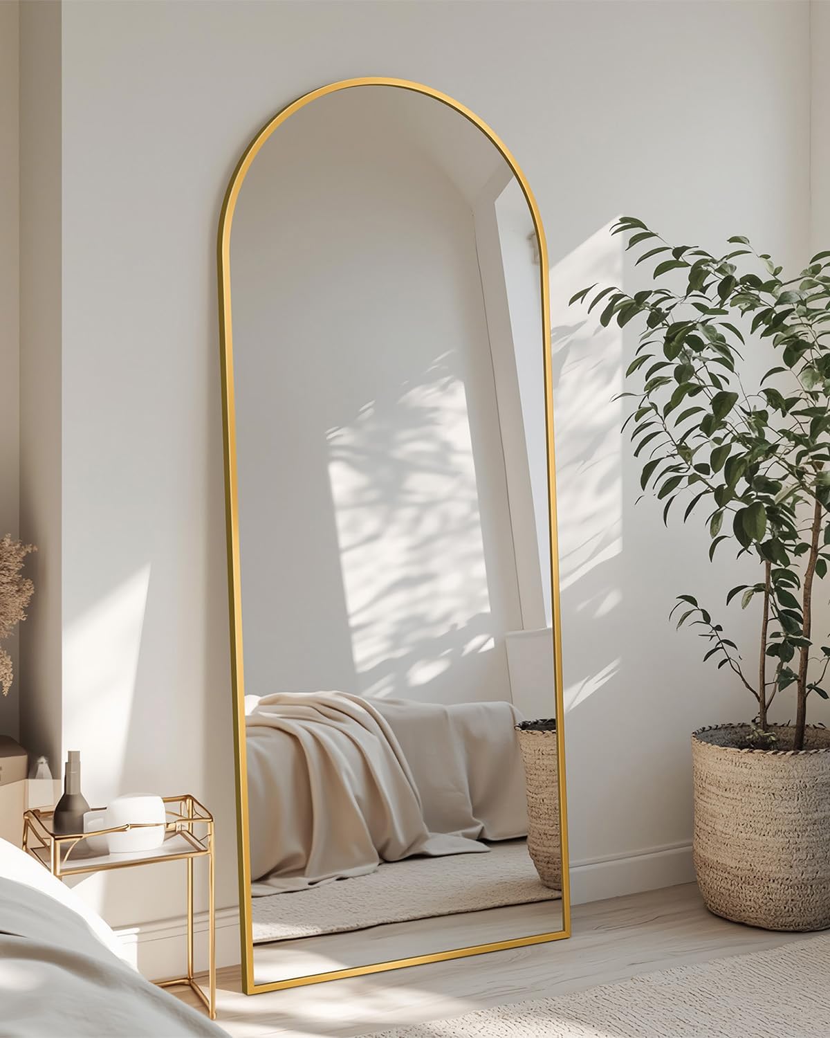 Full Length Mirror with Stand, 56"x15" Arched Full Body Mirror, Large Stand Up Aluminum Frame Floor Freestanding Hanging Leaning Mounted for Bedroom Living Room Entryway Gold