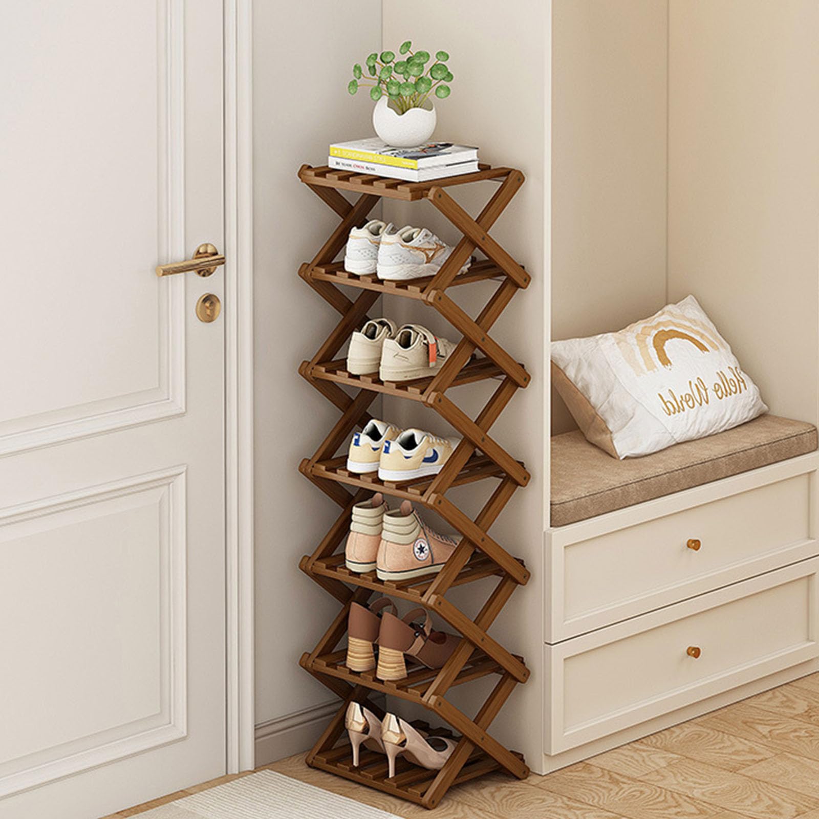 Photo 1 of YYW Foldable Bamboo Shoe Rack - 7 Layers, Brown