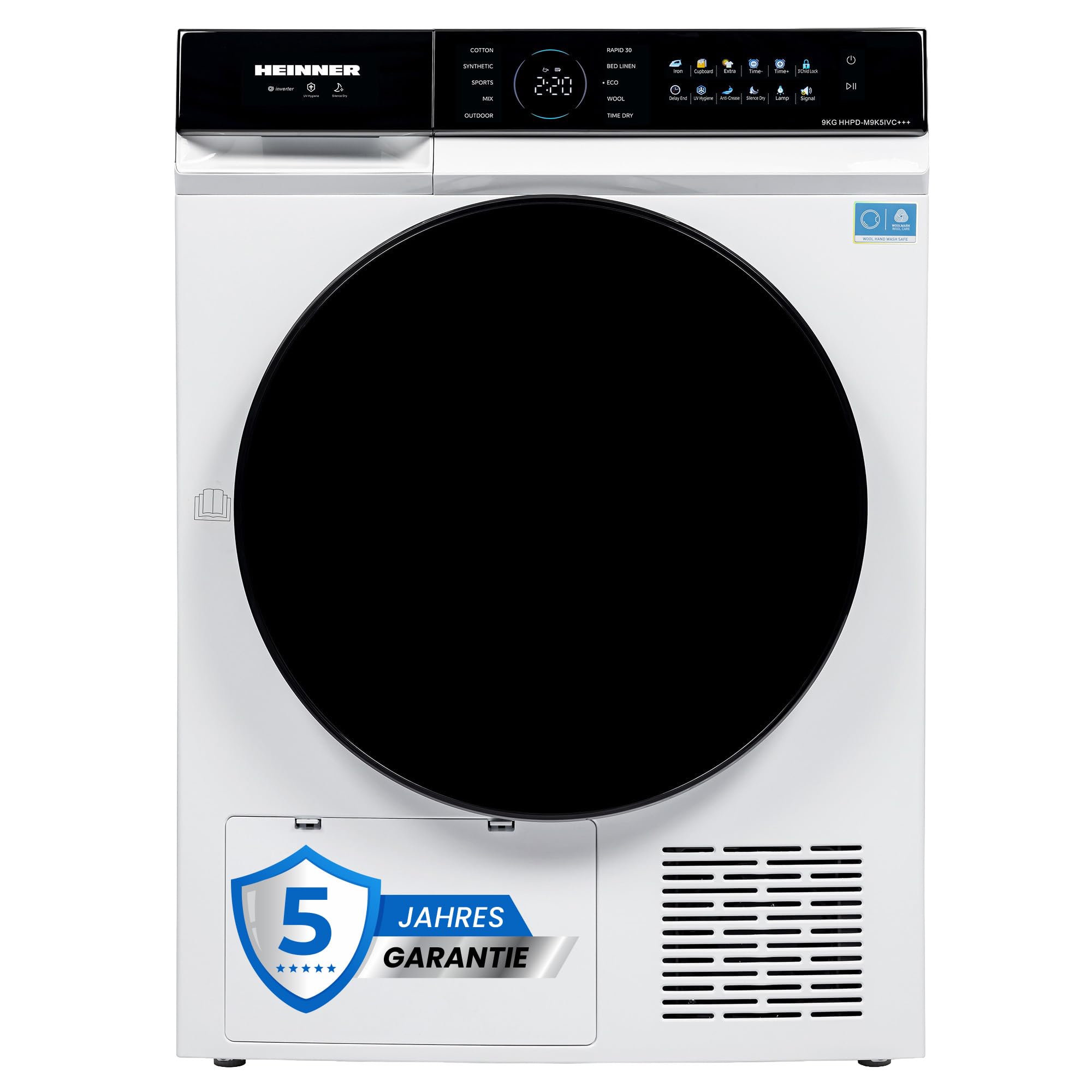 HHPD‑M9K5IVC+++ Wärmepumpentrockner – 9 kg Fassungsvermögen, energiesparender Inverter-Motor, Energieklasse C, LED-Display, 10 Programme inkl, modernes Weißes, inklusive 5-Jahres-Garantie