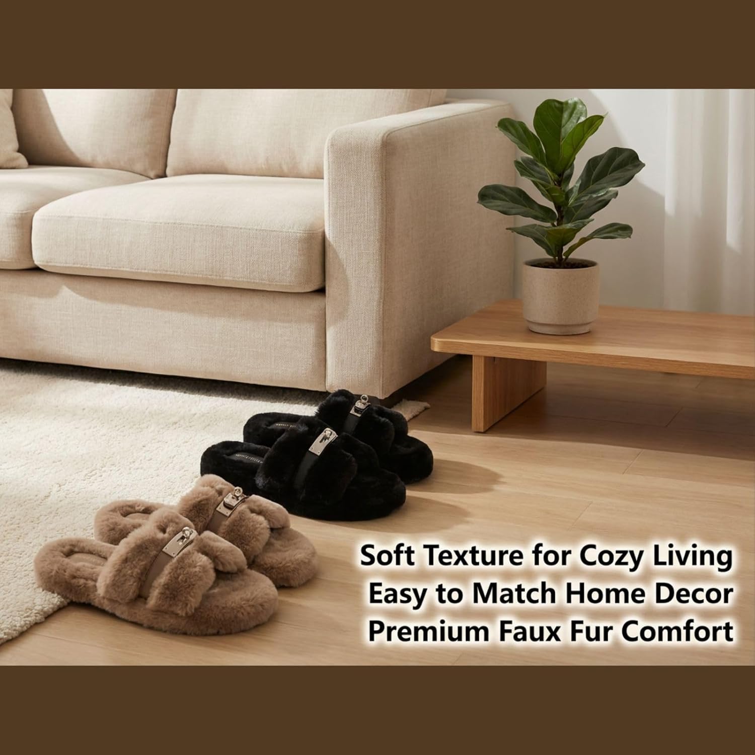 Women Faux Fur Slides Lock Buckle Sandals Fuzzy Open Toe Slippers Chic Elegant Plush Flat Shoes Indoor Outdoor Lounging Autumn Winter Spring