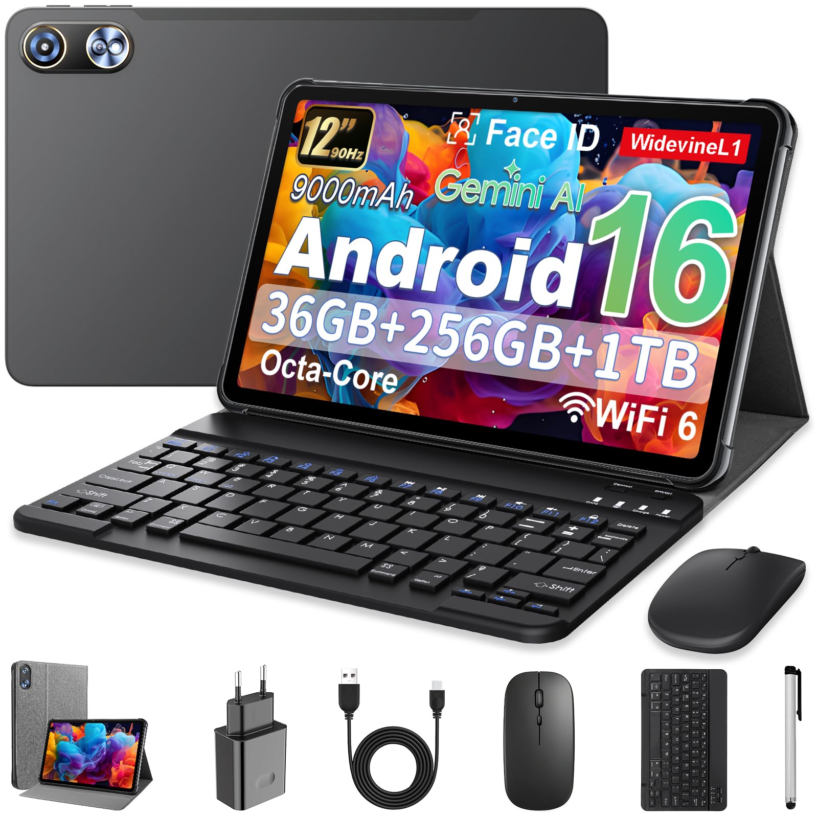 Android 16 Tablet 12 Pollici con Gemini AI, Tablet con Cover, Tastiera & Mouse, Unisoc T7250 Octa-Core, 36 GB RAM + 256 GB ROM + 1 TB TF, 1920x1200 Display HD, Fotocamera Doppia 8MP + 20MP, 9000 mAh