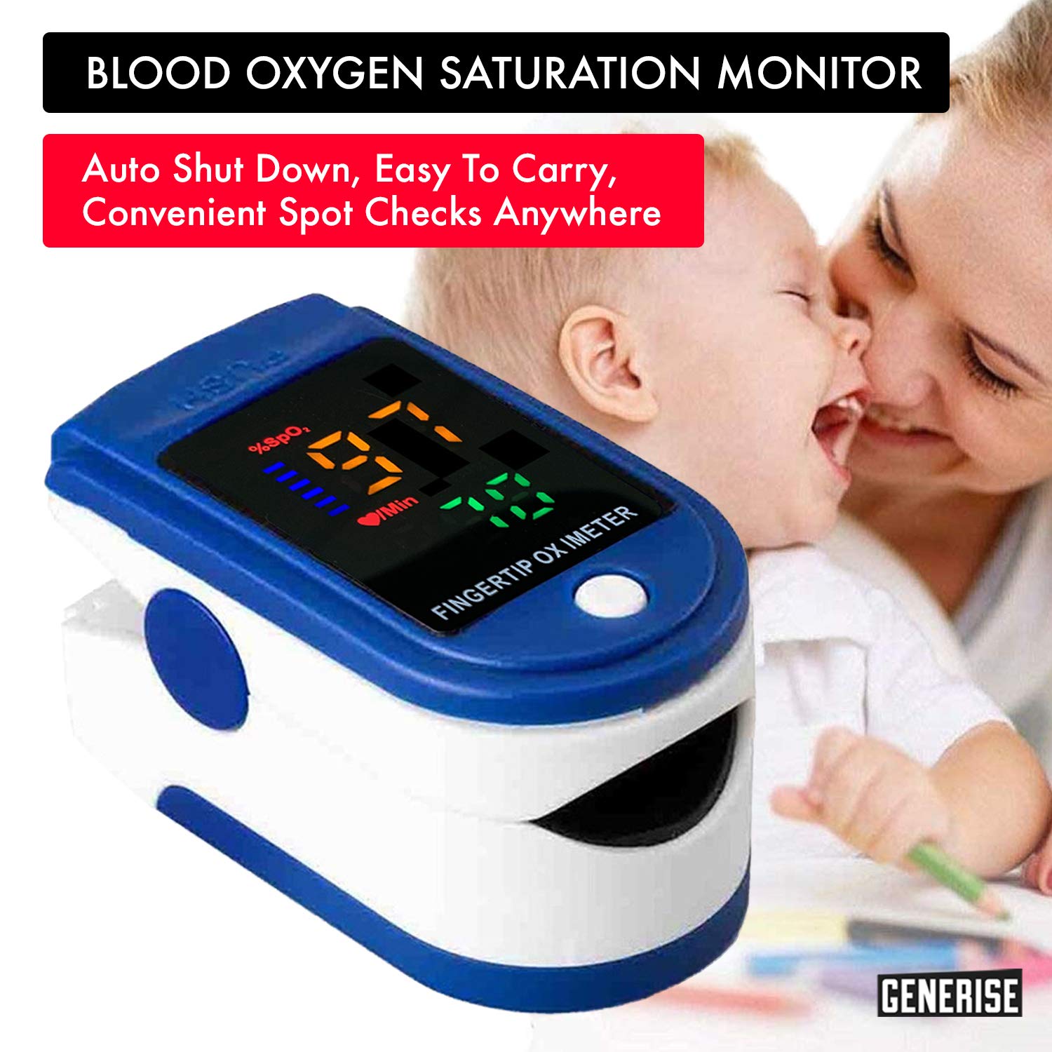Oxygen Saturation Monitor GENERISE Pulse Oximeter For Adults & Children - Blood Oxygen Monitor With Large Clear OLED Display - Features SPO2 & PR Detection For Fast, Accurate Results, Batteries Inc - View #2
