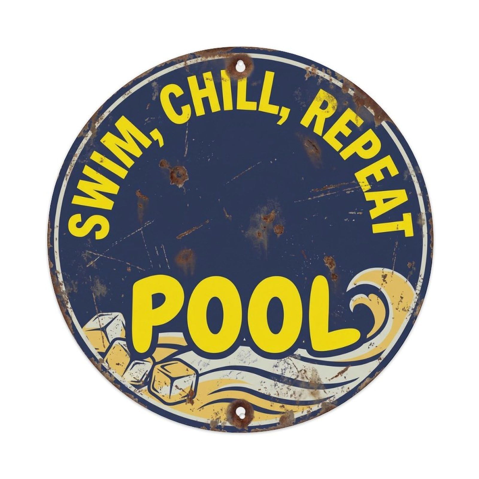 Yrnq Vintage Style Swim Chill Repeat Pool Vintage Metal Tin Sign Plaque Wall Decor For Cafe, Club, Garden Round Metal Poster 8X8inch