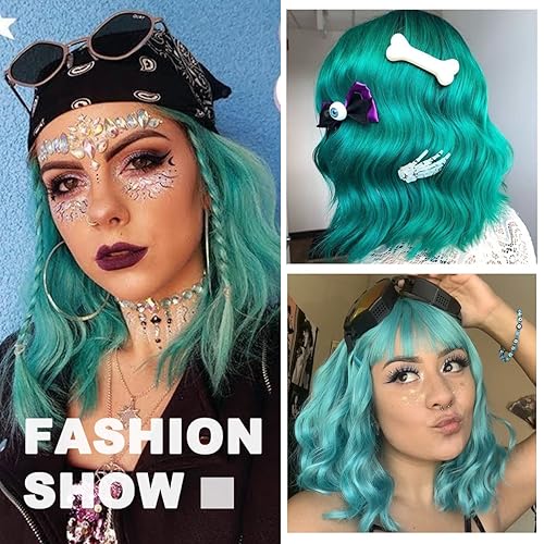 Miniatura 6 de ITTAYLER Peluca verde azulado, pelucas cortas y rizadas con flequillo, lindas pelucas coloridas para mujeres, peluca sintética de aspecto natural