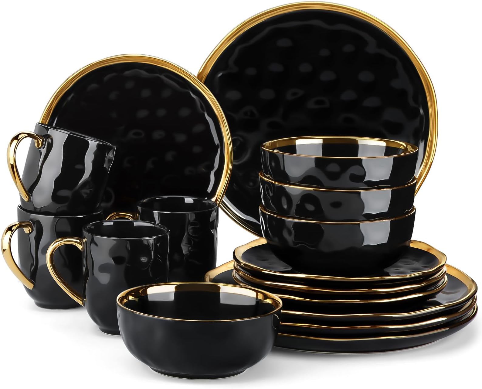 LOVECASA 'Apollo', 16 Piece Dinner Set, Stoneware Dish Set for 4, Kitchen Plates and Bowls Sets, Handmade Dinnerware Set with Gold Trim, Dishwasher Safe, Black and Gold