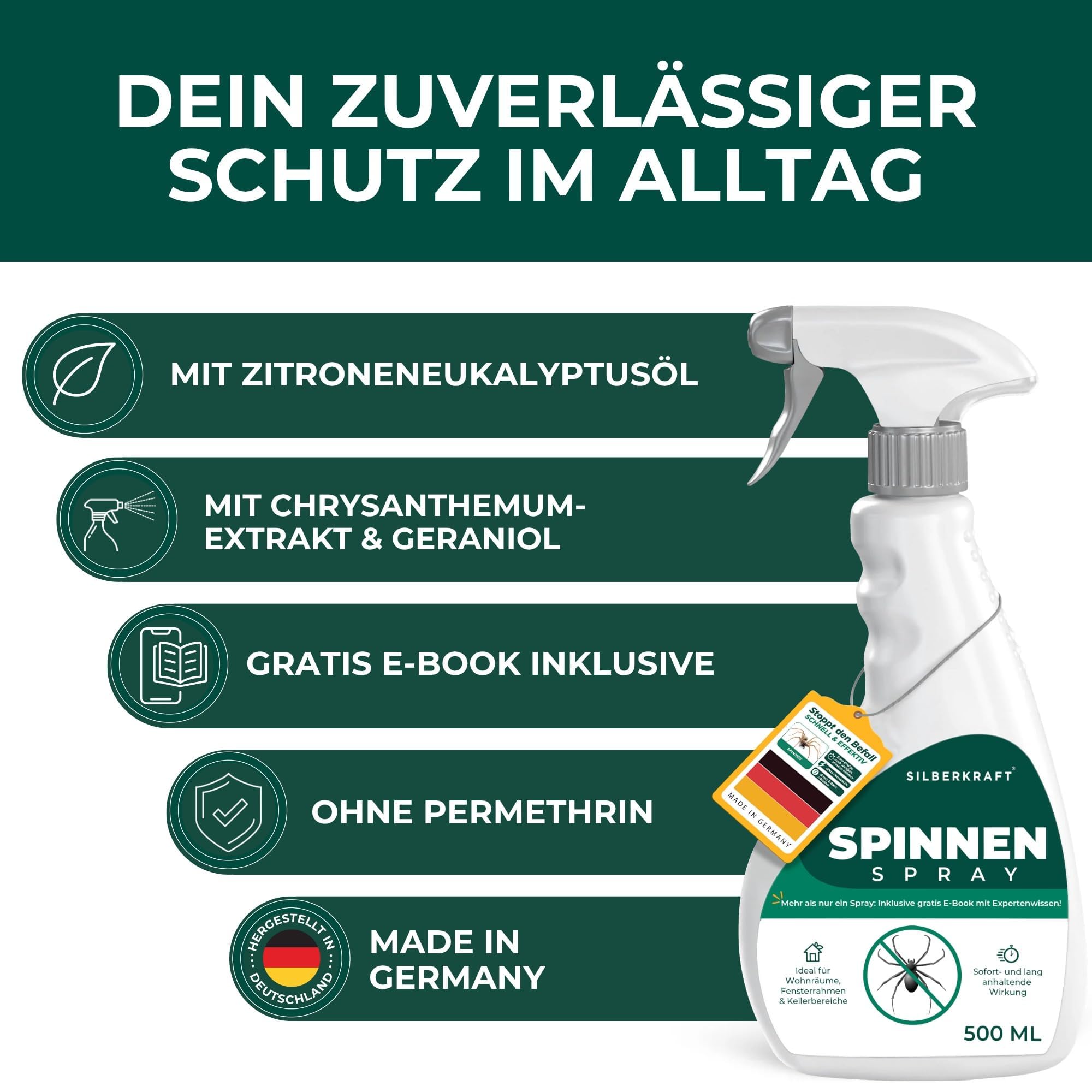 Silberkraft Spinnenspray 500 ml - Hochwirksames Spinnenabwehr-Mittel mit Sofortwirkung gegen Spinnen - Anti-Spinnenspray für Innen & Außen - Spinnen dauerhaft vertreiben - laborgeprüft