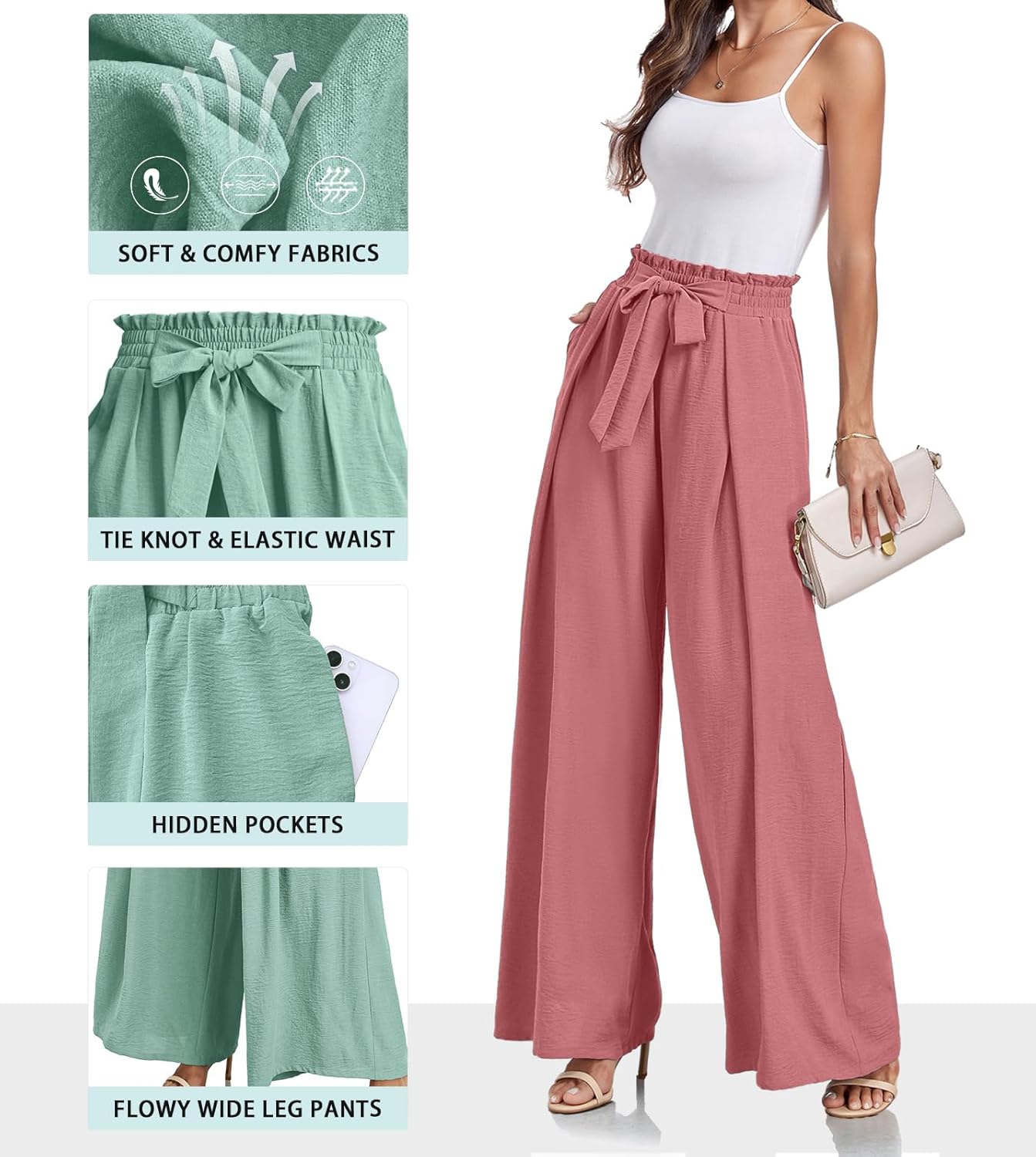 Lepunuo Wide Leg Pants for Women High Waisted Palazzo Pants Work Casual Flowy Tie Knot Trousers with Pockets - Image 3