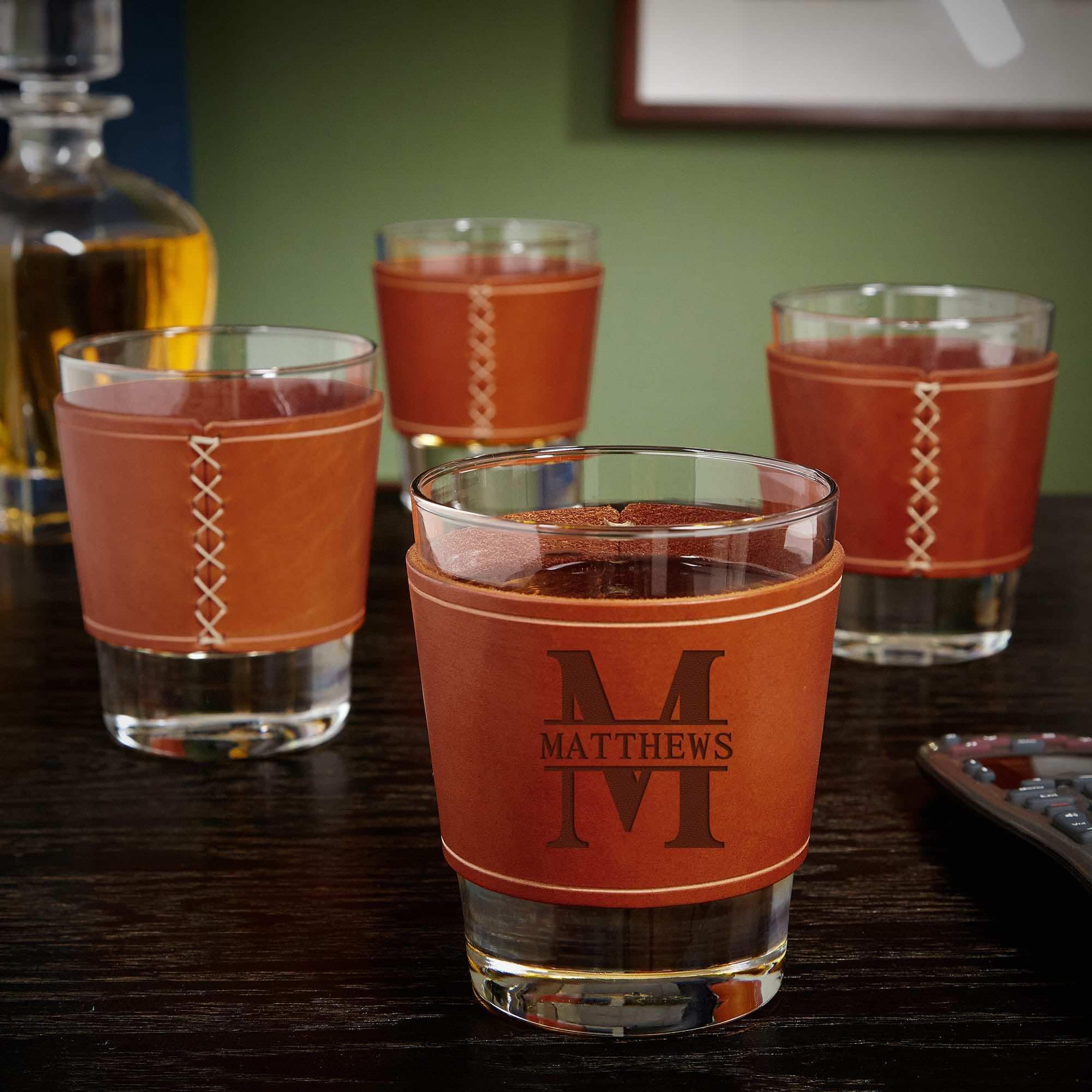 HomeWetBar Personalized Whiskey Glass with Hand Stitched Personalized Leather Wrap - 4PC 12oz Bourbon Whiskey Glass Sleeve