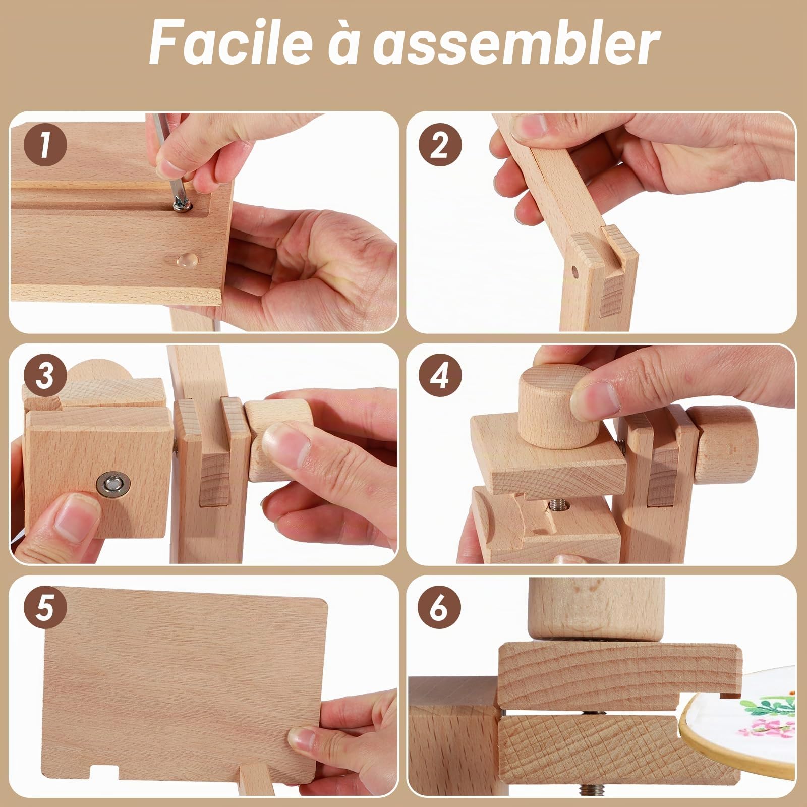 Support de cerceau de broderie réglable rotatif Porte-cadre de broderie rotation 360° Support de point de croix en bois de hêtre Support de broderie mains libres pour travaux manuels