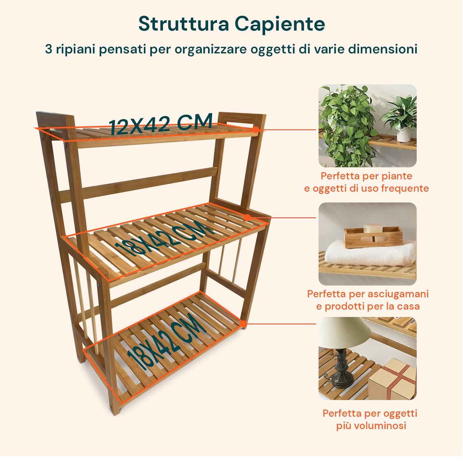 Avilia Scaffale Bambù 3 Ripiani 42x18x53cm – Organizer Multiuso Salvaspazio, Capacità 20kg – Scaffale Stabile ed Ecologico, Facile da Montare – per Bagno, Cucina o Ufficio