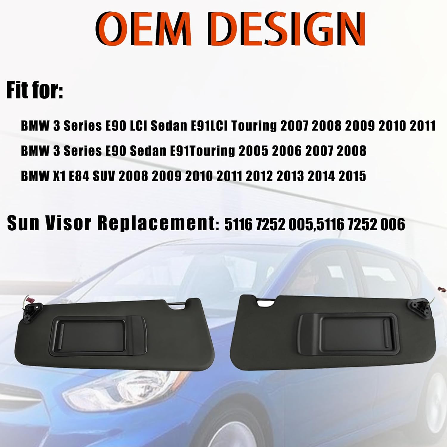 Driver Left & Passenger Right Side for bmw e90 Sun Visor Compatible with BMW 3 Series E90 Sedan E91 Touring 2006 2005-2011/ X1 E84 for bmw e90 sun visor with Mirror Front Sun Protection Shade Sunshade