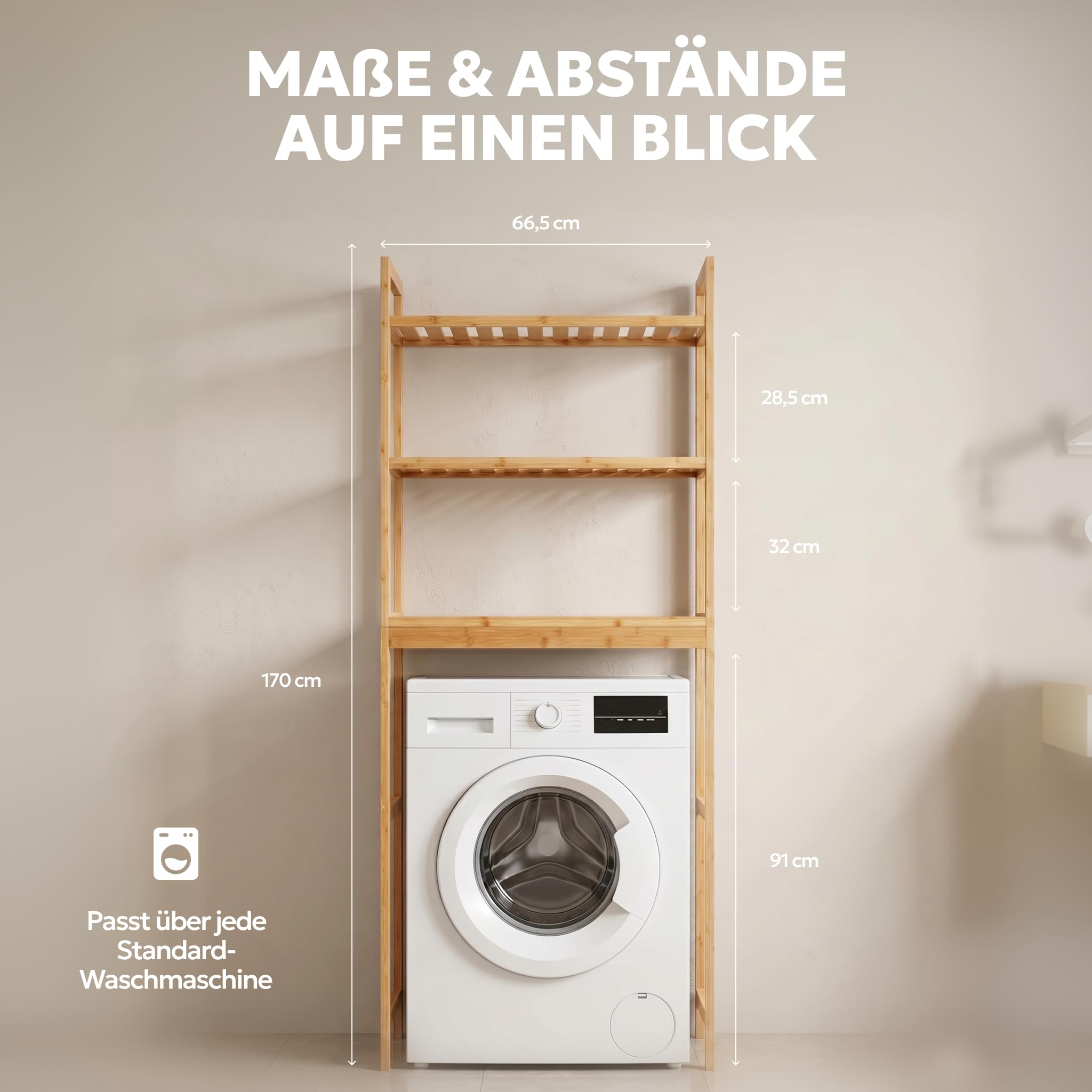 Waschmaschinenschrank Bambus - Waschmaschinenregal Überbau - Toilettenregal | MY FAT GORILLA Waschmaschinenschrank Bambus Überbau 3 Ebenen – Waschmaschinenregal Holz 66x26x170 cm Toilettenregal