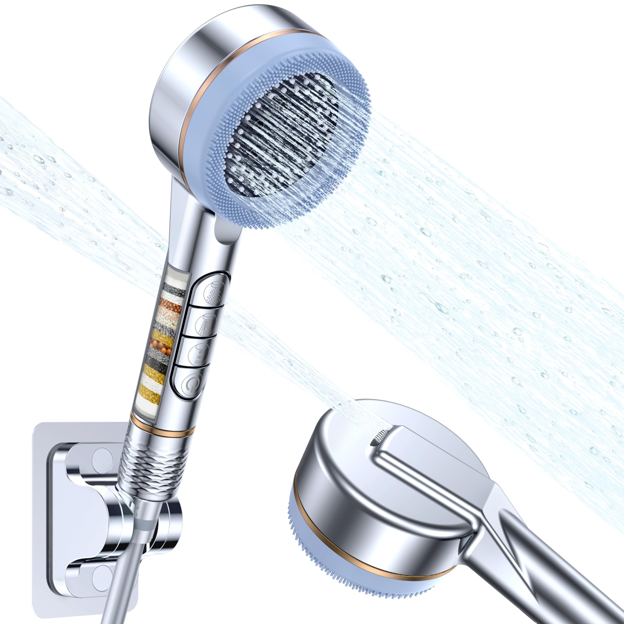 Push-Button Filtered Shower Head with Handheld,4 Modes High Pressure Shower Heads with Filter Mineral Beads,Reusable,Adjustable Handheld Showerhead Set,Includes 3 Filters