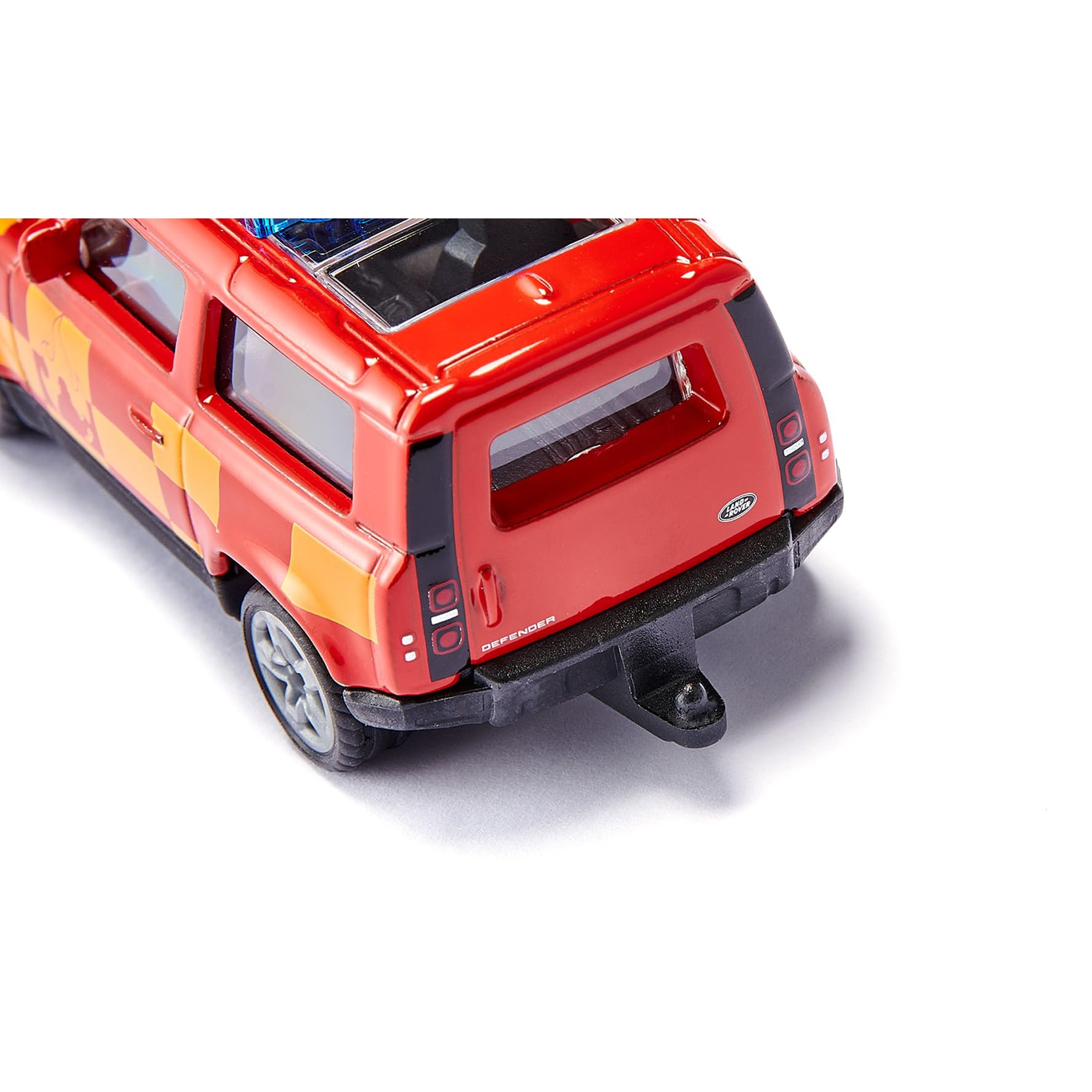 siku 1568, Land Rover Defender Straż pożarna, Zabawkowy samochód, Metal/tworzywo sztuczne, Czerwony/żółty, Sprzęg przyczepy, Gumowane opony, Niebieska belka sygnałowa