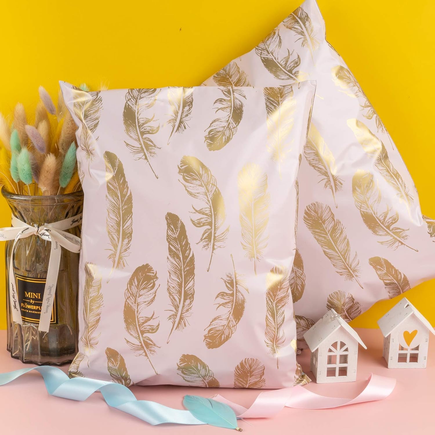 RUSPEPA Poly Mailer Shipping Bag - Feather Design Printed Envelopes with Self Seal Adhesive Strip 2.3 Mil Heavy Duty Mailing Envelopes - 10x13 inches - 100Pcs - Feather Pink