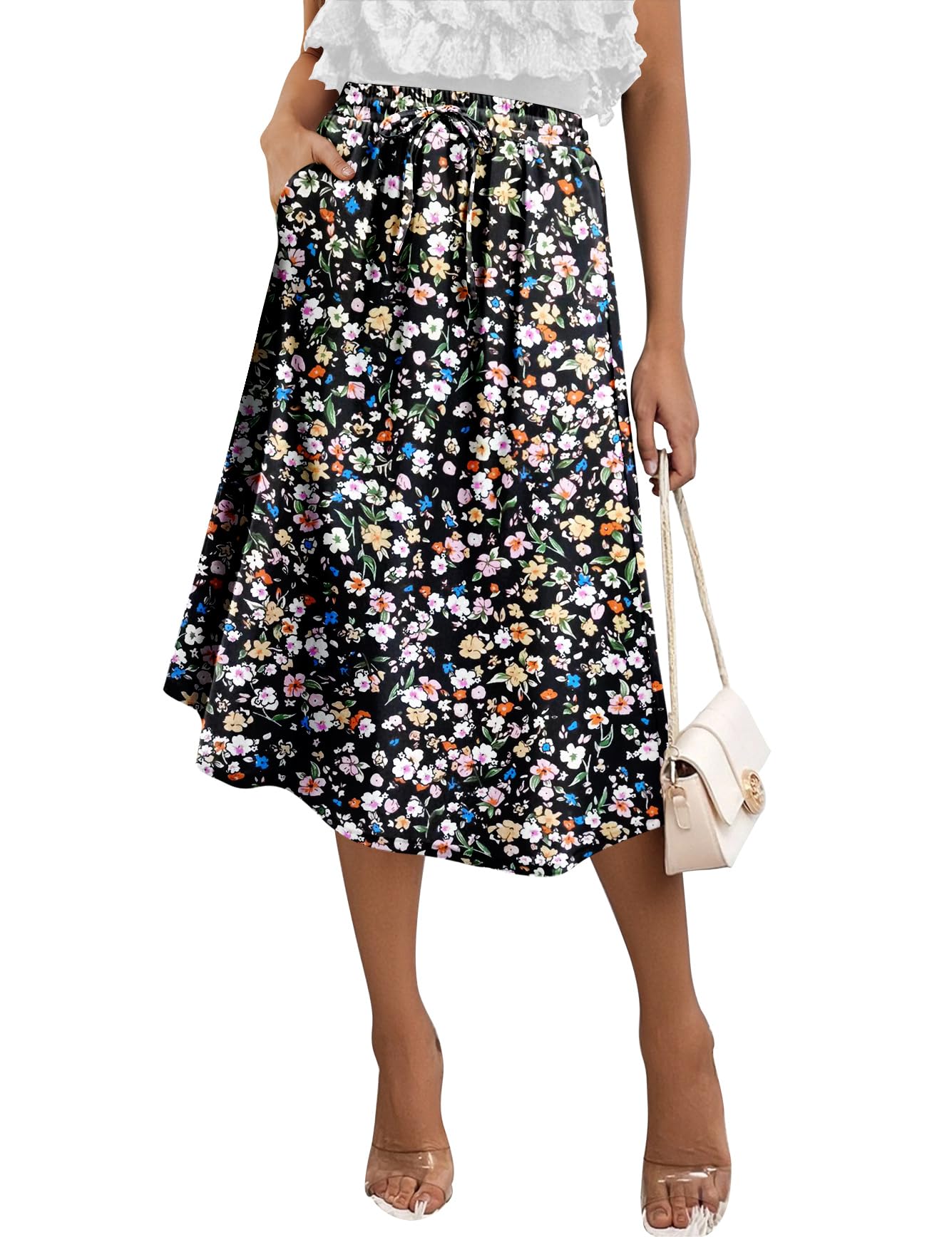 Angerella Womens Skirt Midi High Waist A-Line Casual Floral Print Trendy Bohemia Work Elegant with Pockets