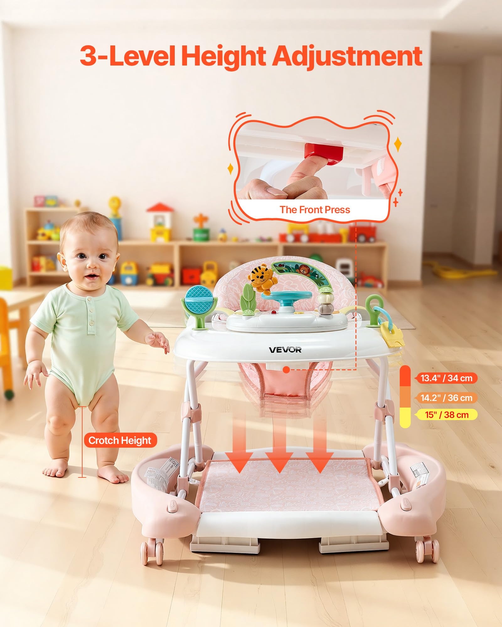 VEVOR Andador 5 en 1, Centro de Actividades Plegable con Ruedas, con Altura Ajustable y Cómodo Asiento de Respaldo Alto, Ayuda Antivuelco para Niños de 6 a 24 Meses, 720 x 665 x 530 mm, Rosa