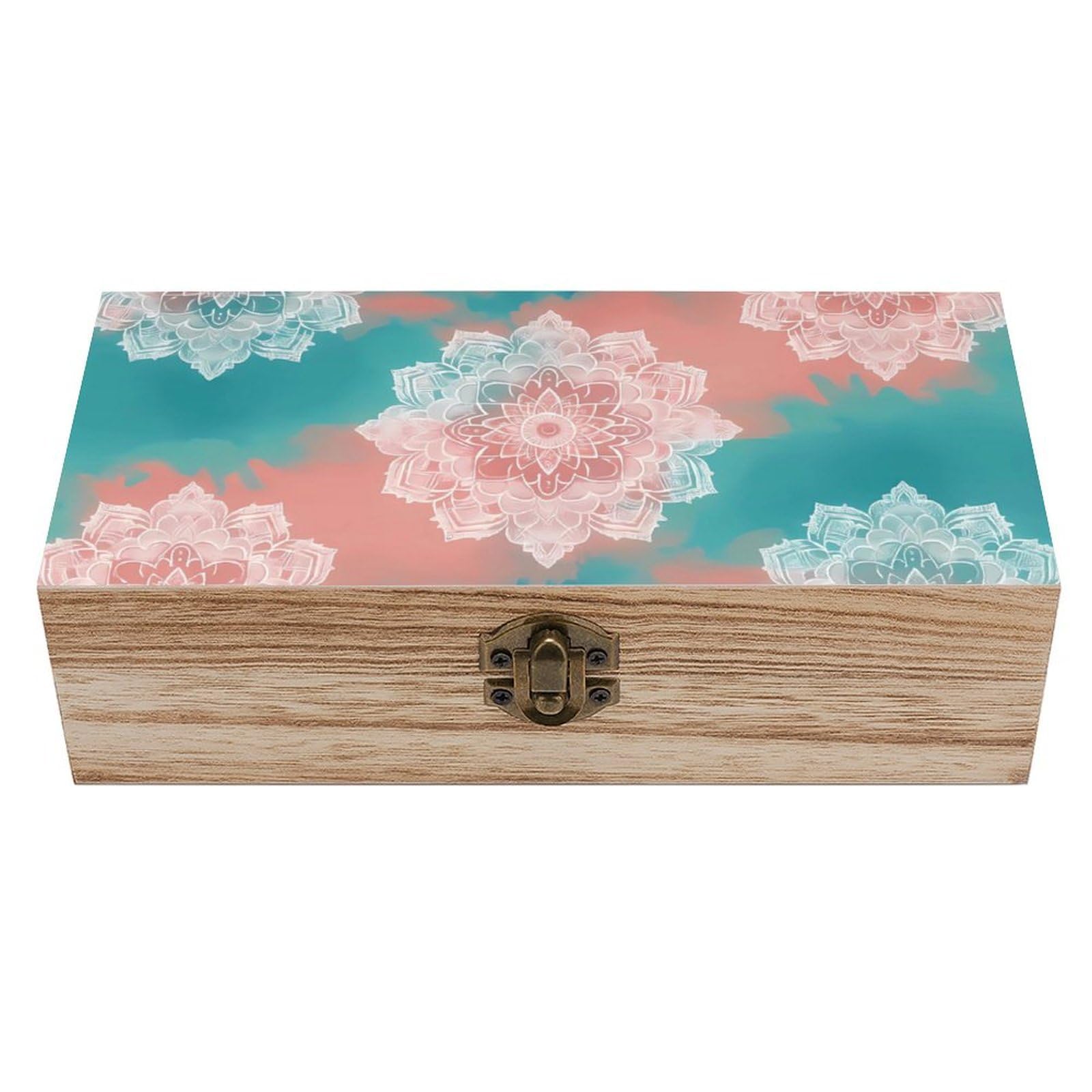 HLBSDM Pink And Teal Mandala Retro Wooden Storage Box Jewelry Art Gift Boxs Decorative Keepsake Boxes