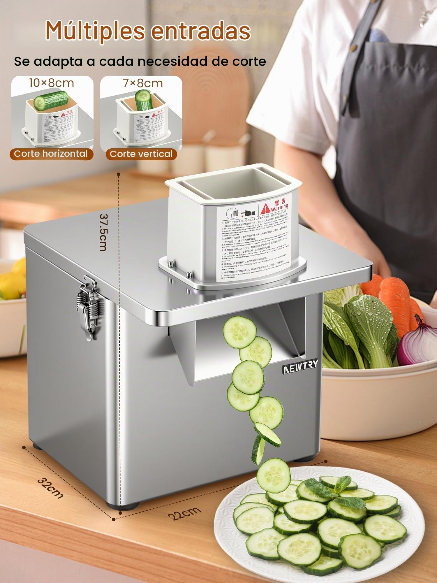 NEWTRY Cortadora verduras eléctrica 4-en-1 250W 200kg/h Gastro Acero | Corte en dados, rallador, rebanada, tiras, motor potente, alta eficiencia, duradero, robusto, para restaurantes, cantinas