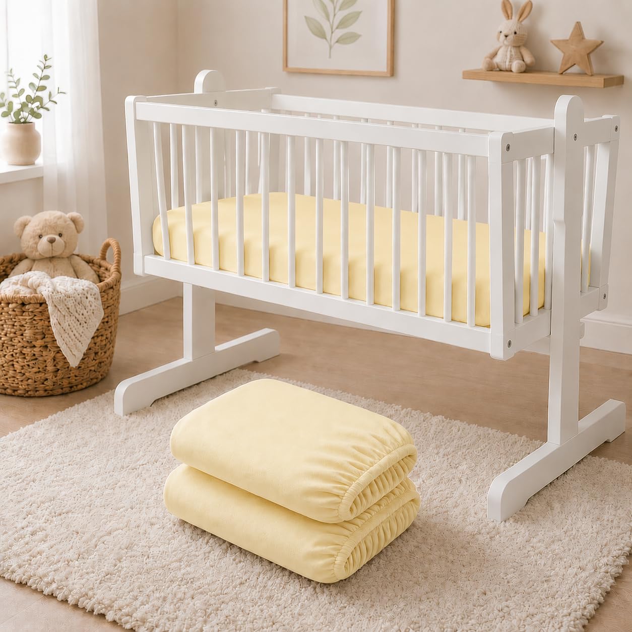 BABYMAM 2 Pack Jersey Fitted Sheets 90x40 cm for Baby Crib, Bassinet & Pram Carrycot,100% Cotton Stretch Baby Bed Sheets, Soft Breathable Elastic Fitted Mattress Covers (Yellow)