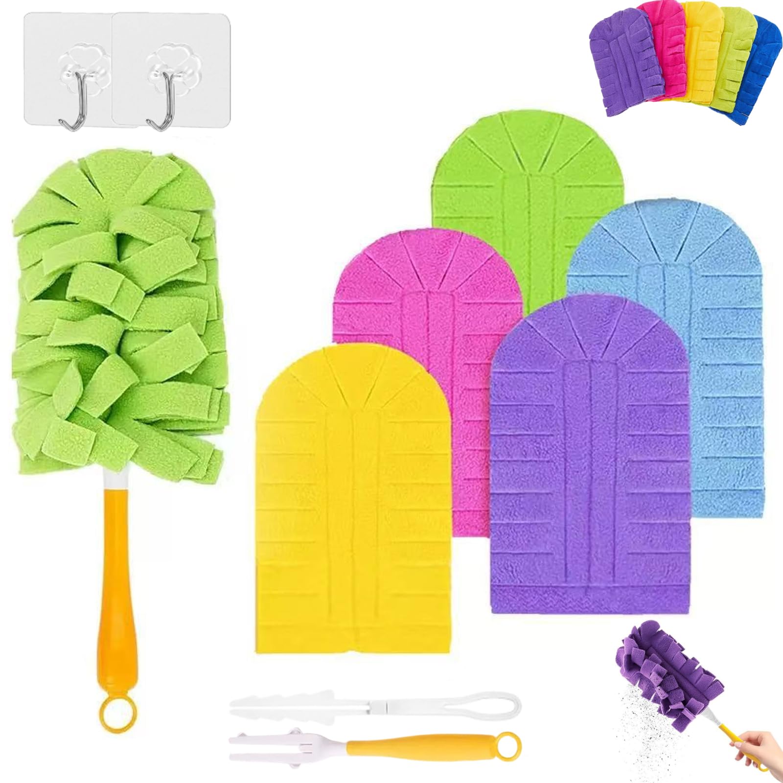 360° Electrostatic Duster Refills, Reusable Washable Duster Refills Compatible with Duster Handles, Washable Fleece Dusters Microfiber Pads for Home, Car, Blinds & Furniture (5Refills+2Handle)