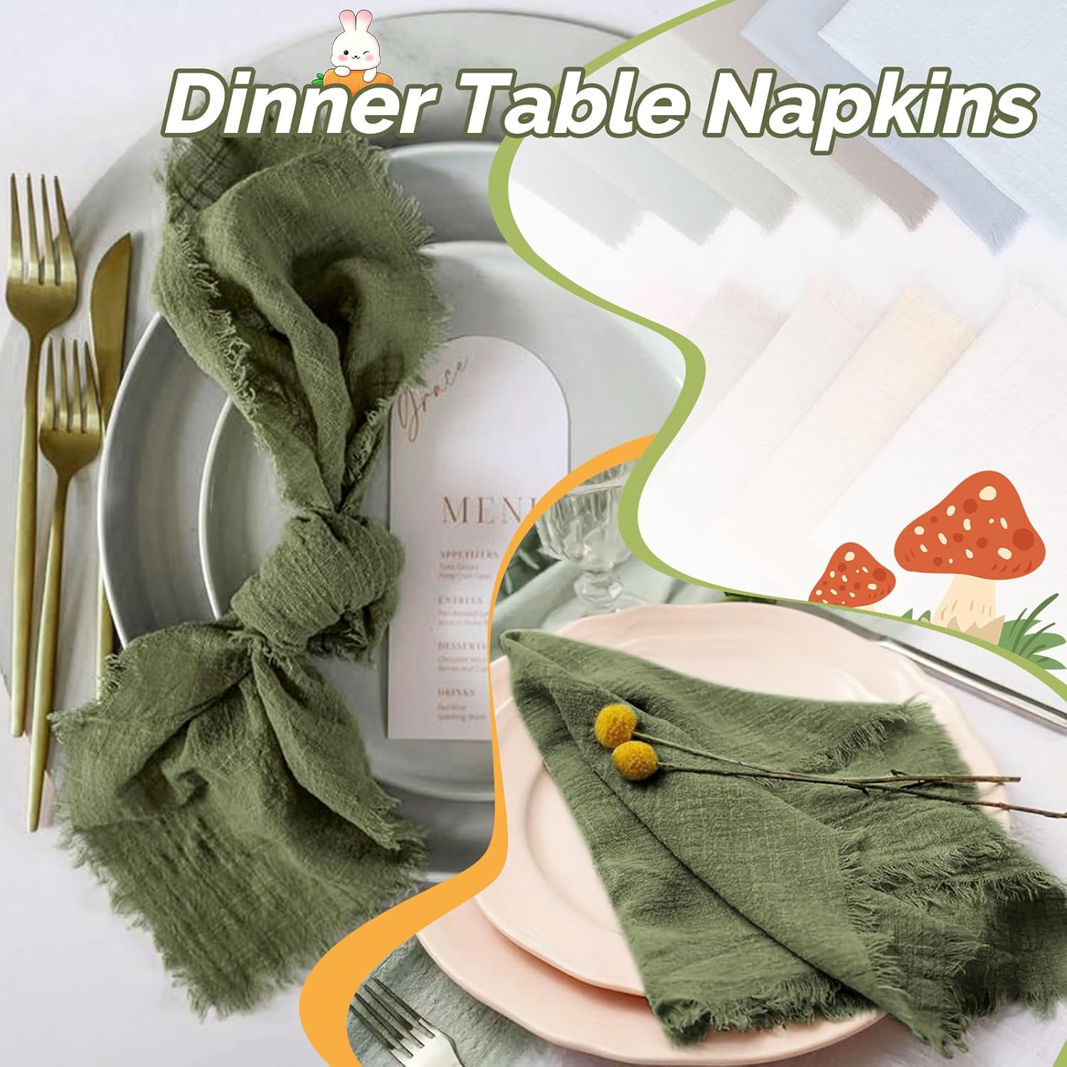 Showgeous 60 Pack Olive Green Cloth Napkins with Fringe 16x16 inch 100% Cotton Green Napkins Handmade Dinner Napkins Bulk Washable Soft Rustic Table Napkins for Wedding Parties Bridal Baby Shower