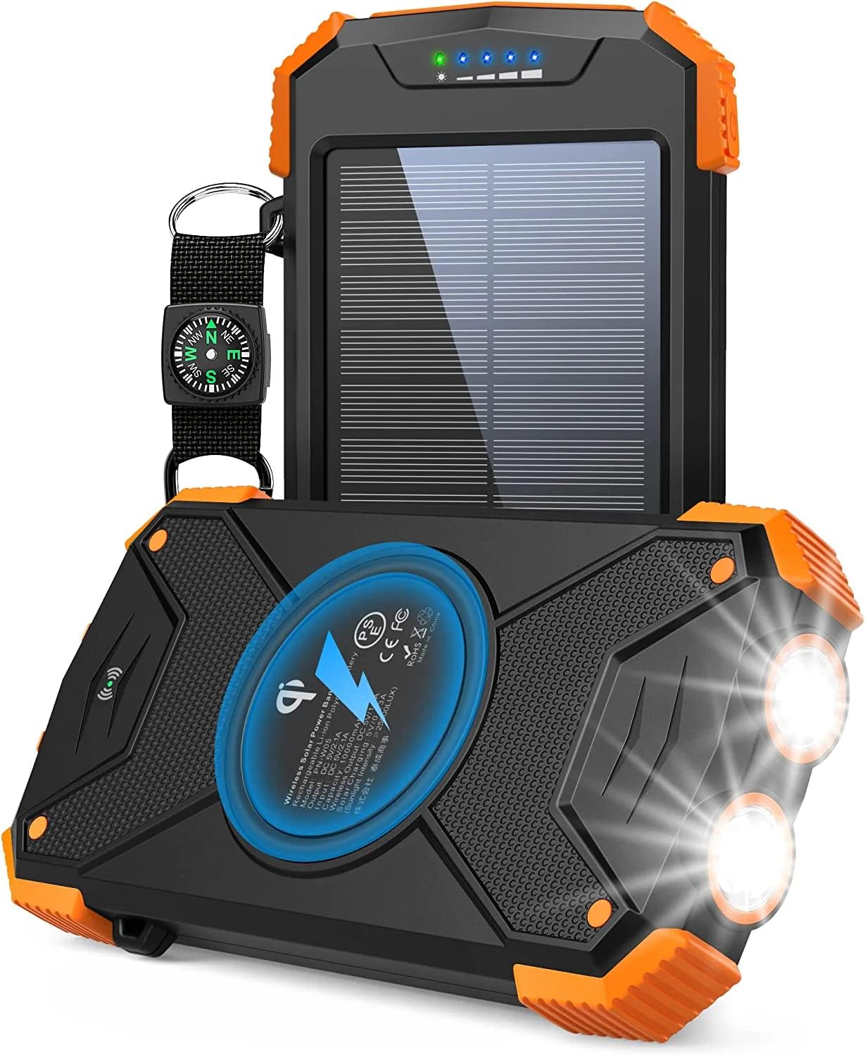 LEO WAY Solar Power Bank, Qi Wireless Portable Charger 10,000mAh, External Battery Pack with Type C Input/Output,Dual Super Bright Flashlight,Compass Carabiner, Solar Panel Charging for Phone(Orange)