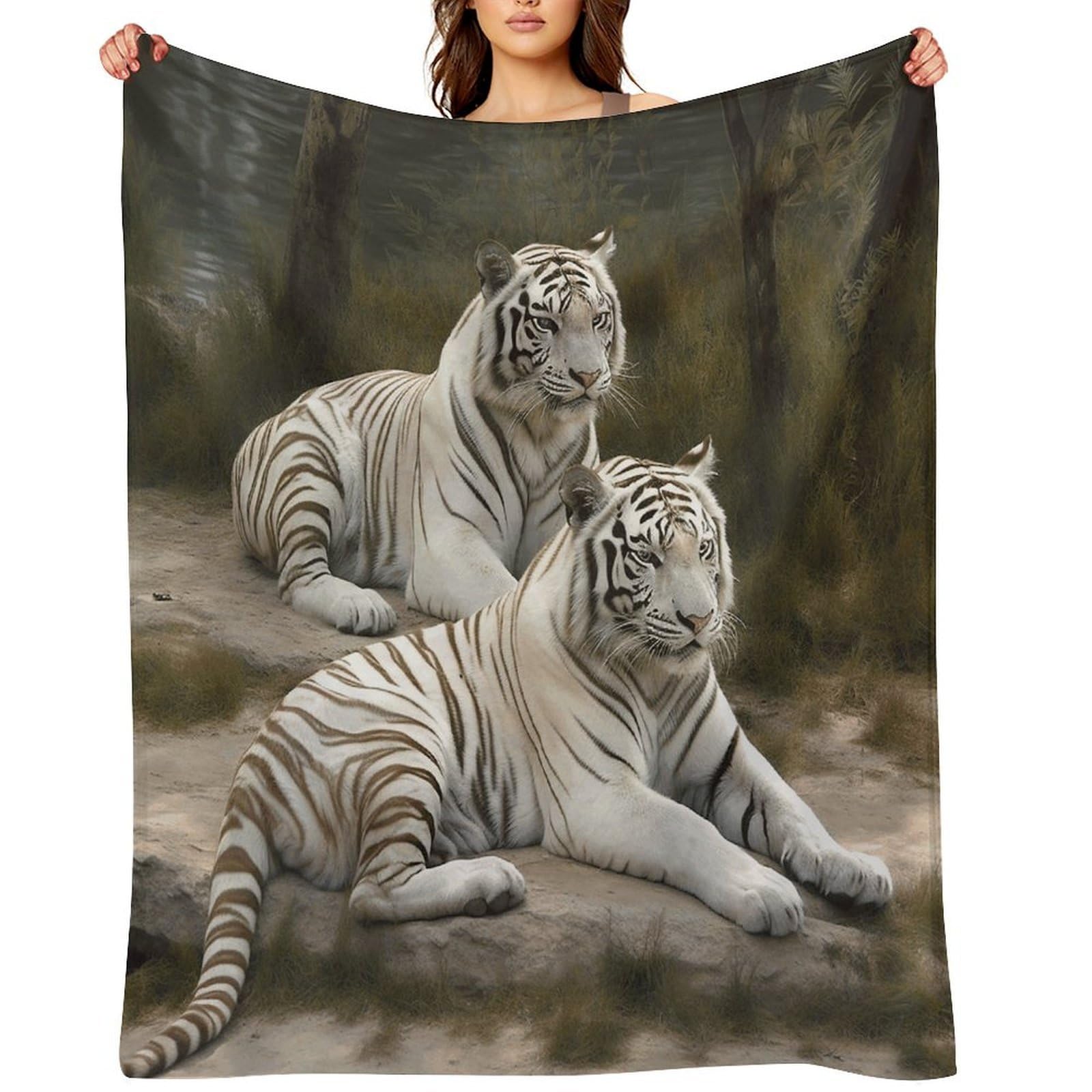 White Tigers Throw Blanket for Couch and Bed Super Soft Warm Lightweight Throw Blankets Cozy Fuzzy Flannel Blanket Personalized Decorative Blankets for Sofa Decor 60"x80"