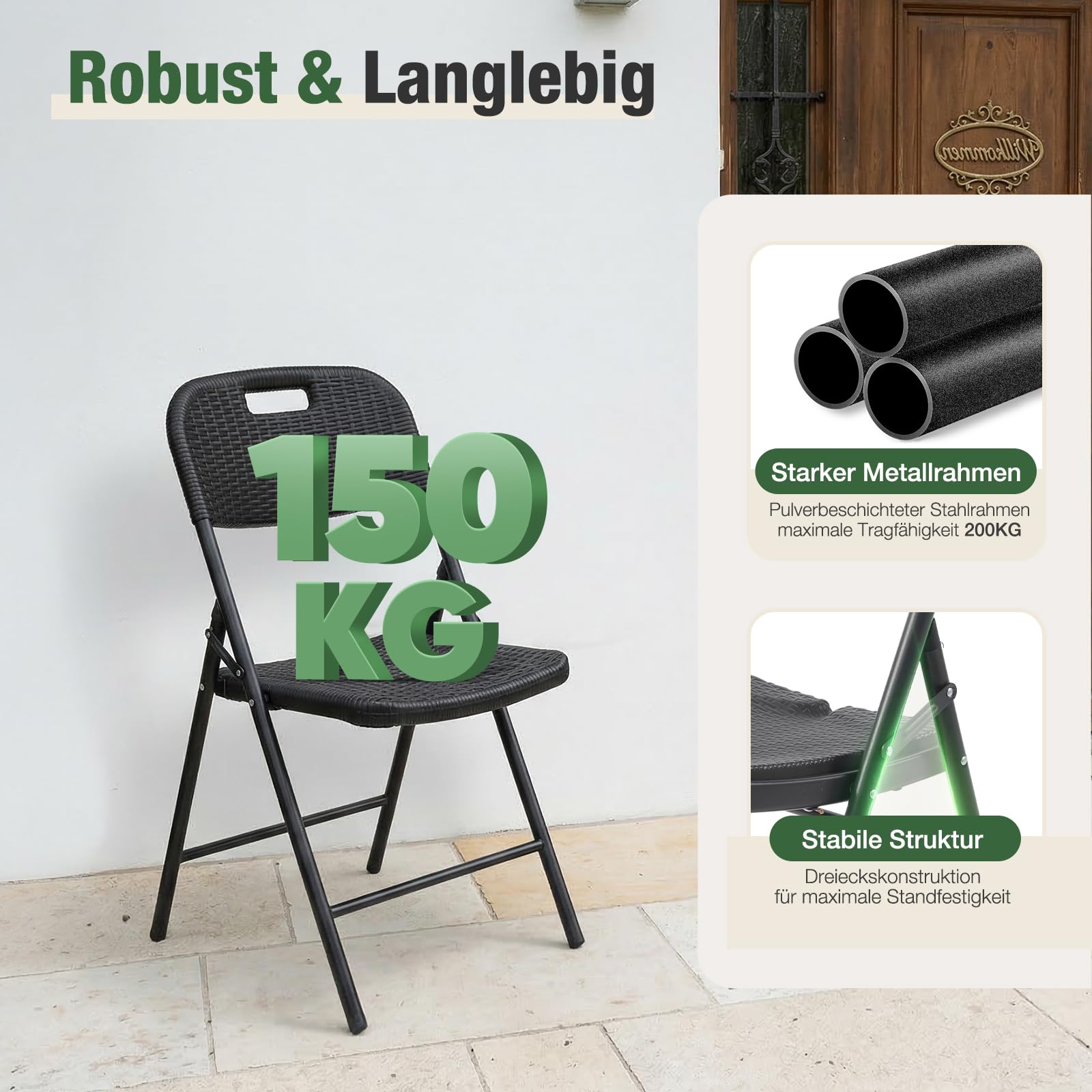 Sekey Klappstuhl 2er Set, Gartenstuhl Klappbar bis 150KG, Campingstuhl Wasserdicht aus Metall & Kunststoff, Schwarz