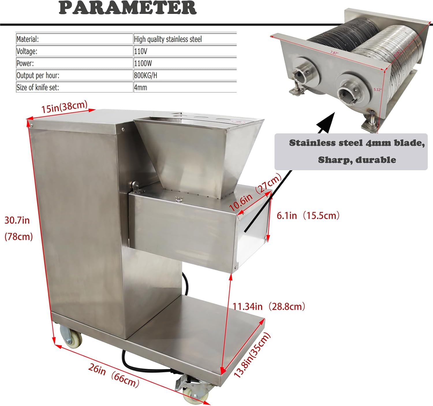 110V Commercial Meat Slicer Stainless Steel Meat Cutting Machine Electric Mincer TJ-180L Meat Shredding Machine with 4mm Blade, 1100W, for Pork, Beef and Mutton