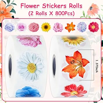 1200Pcs Flower Stickers, Flower Stickers Roll for Kids | Flower Roll Sticker for Scrapbooks, Water Bottle, Present Boxes Decorations(16 Styles