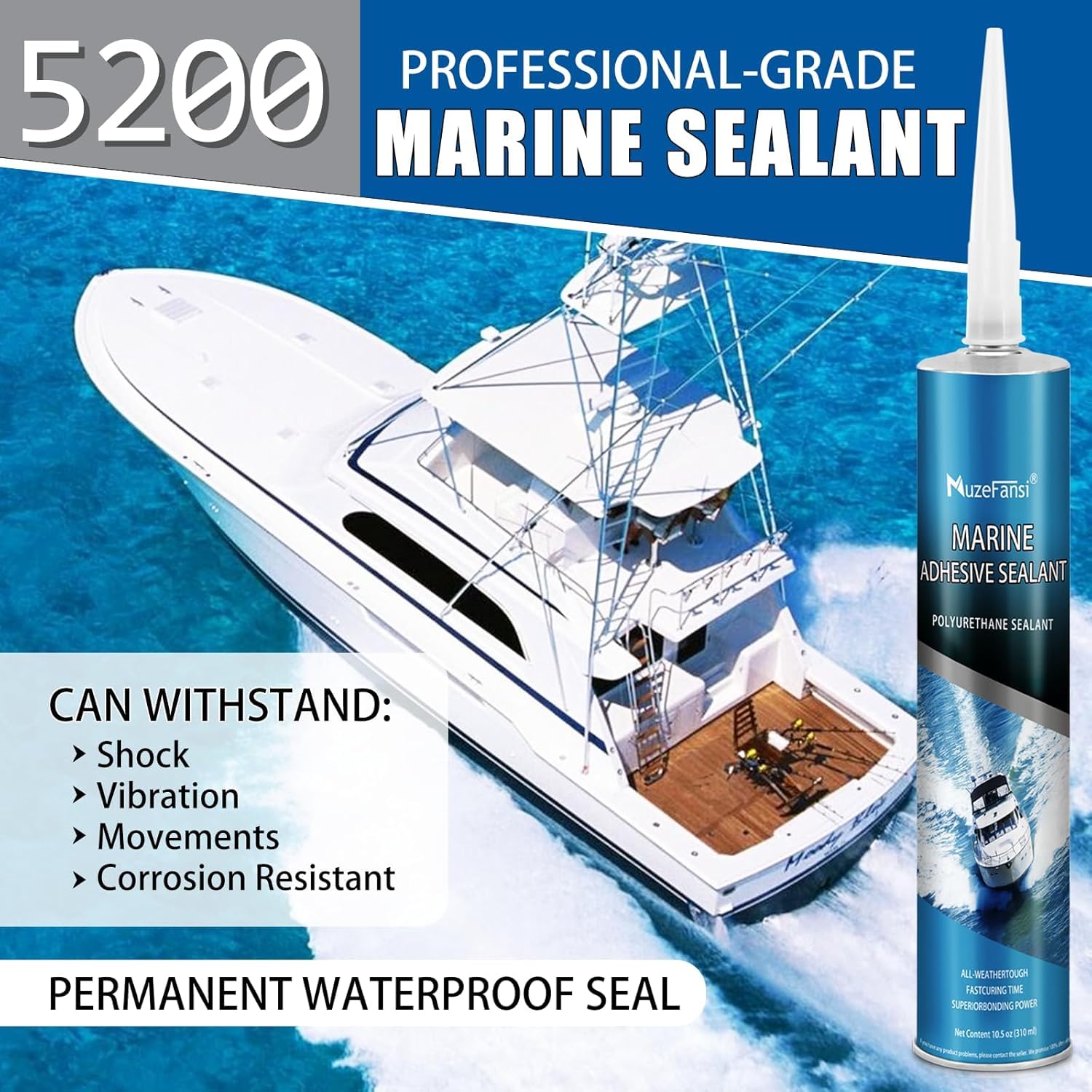 5200 Marine Sealant Fast Cure, Marine Adhesive Sealant, Waterproof Polyurethane Adhesive, Permanent Flexible Bond, UV Resistant, Above & Below Waterline for Boats, RVs, Vehicles, White, 6 Pack