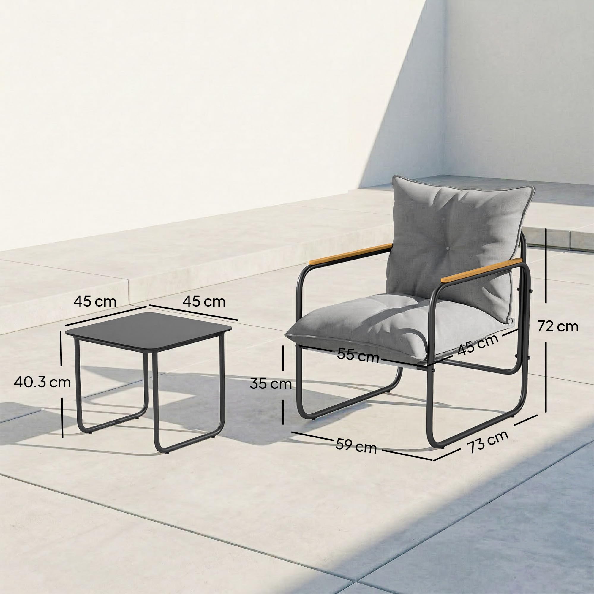 Outsunny Set da Bistrò 3 Pezzi, Set da Giardino in Metallo con 2 Sedie Texteline, Tavolo in Vetro, Cuscini Spessi, Grigio Scuro