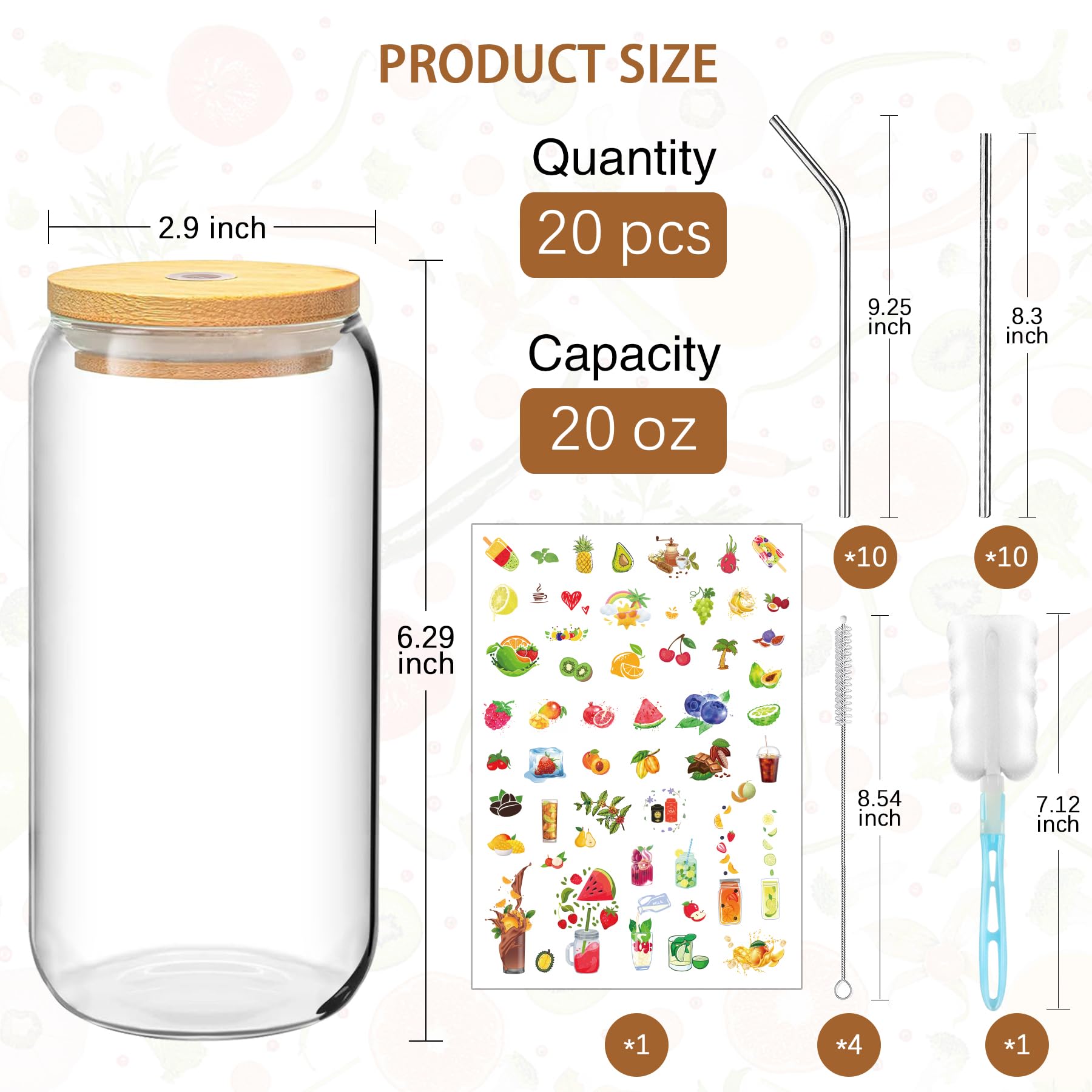 PeacePeo 20 OZ Glass Cups with Lids and Straws, 20 Pack Drinking Glasses with Bamboo Lids Stylish Glass Beer Can Cups with Stainless Steel Straws Iced Coffee Cup Great for Soda Boba Tea Cocktail