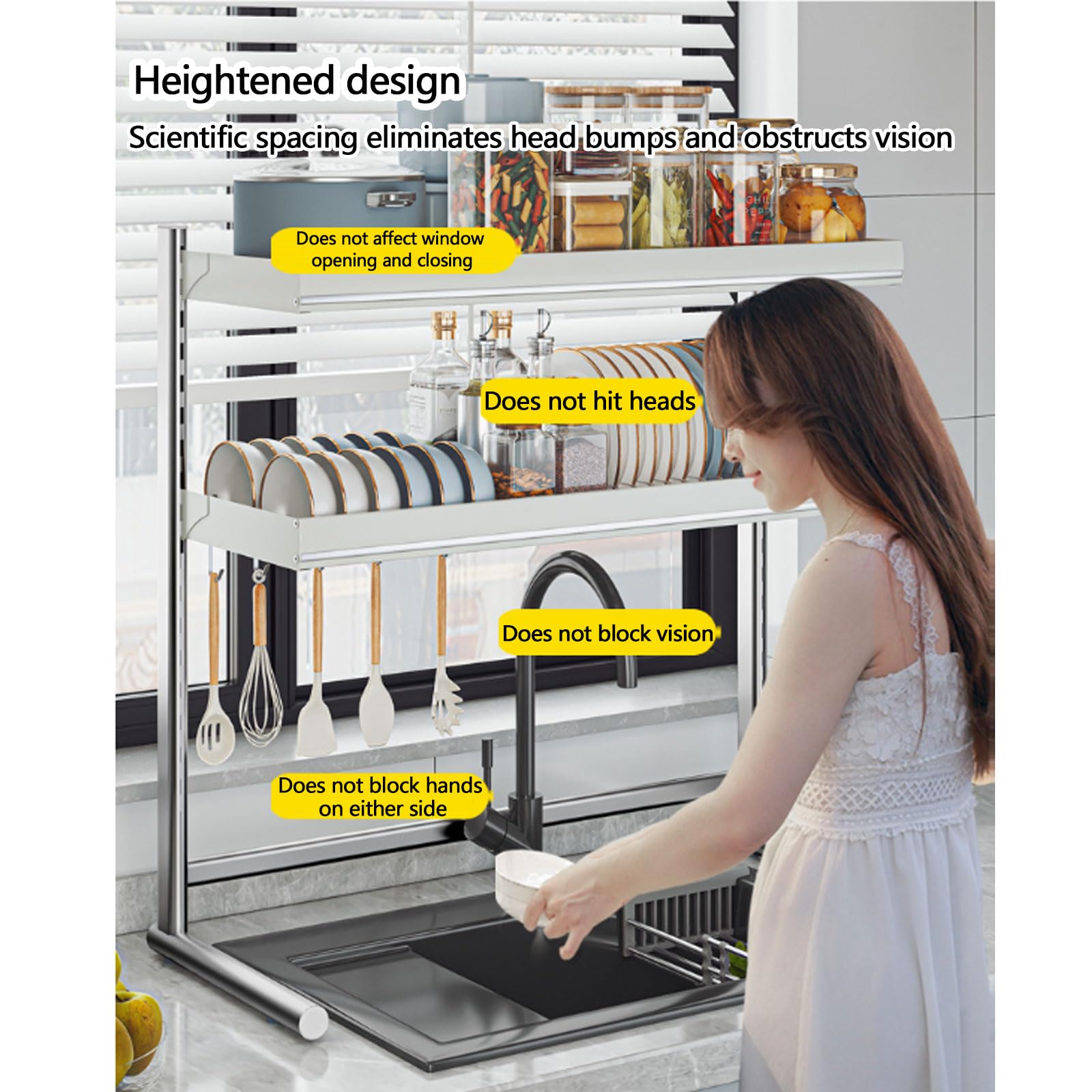 Escurridor de platos, organizador de acero inoxidable sobre fregadero, almacenamiento multifuncional que ahorra espacio para platos, vasos, cuencos y cubiertos, diseño compacto y duradero