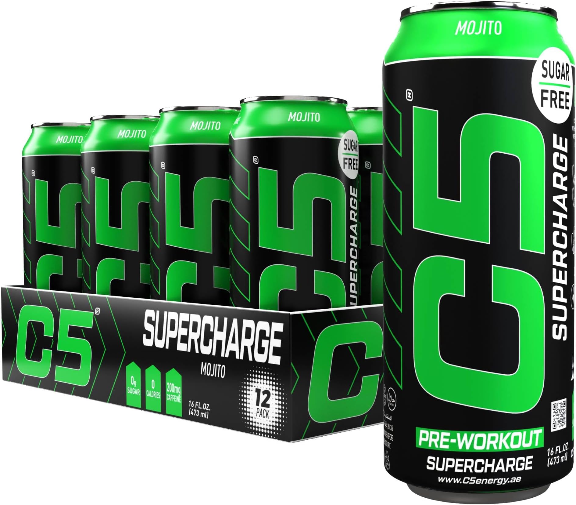 C5 Energy Drink Supercharge Mojito Pre-Workout, 200mg Caffeine, Sugar Free, Zero Calories, with Beta Alanine, L-Arginine, 473ml
