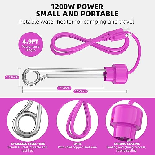 Miniatura 2 de Calentador de agua de inmersión de 1200 W, calentador de agua de cubo de acero inoxidable 304, calentamiento rápido para bañera, agua de piscina y