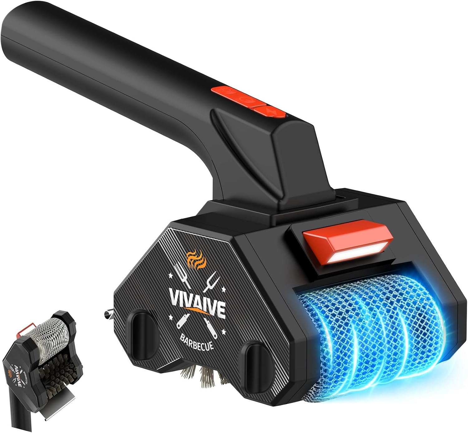 Electric Grill Brush - Dual-Head Cordless Rechargeable BBQ Cleaner with 304 Stainless Steel Chain Roller & Wire Brush | 320 RPM Power Rotary BBQ Scrubber for All Grates