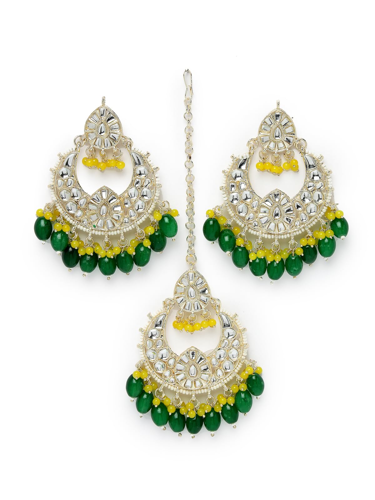Studio SukkhiExquisite Gold Plated With Kundan Studded Green And Yellow Chandbali Style Earrings With Maangtika Jewellery Set For Women And Girls (EM105793)