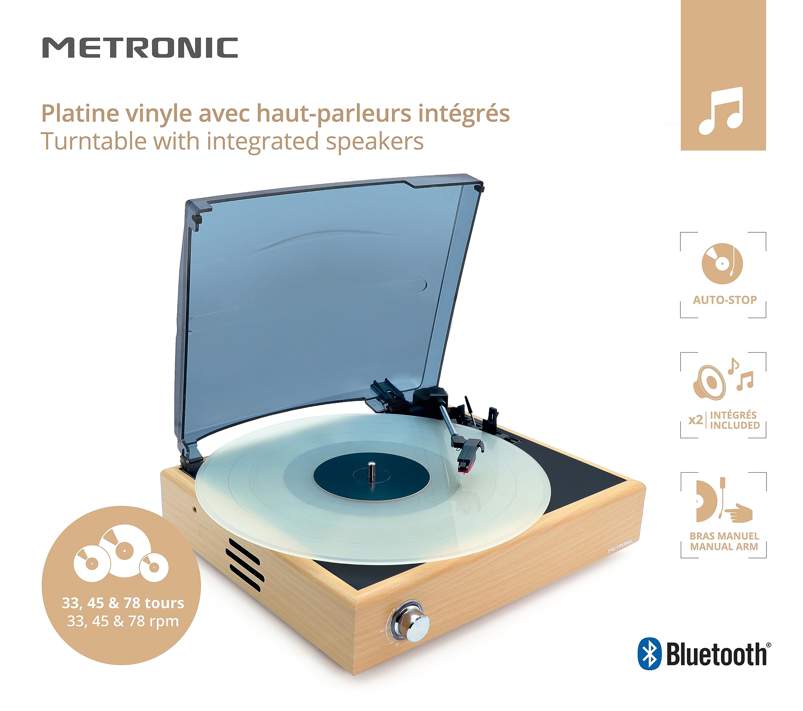 Metronic Platine Vinyle Bluetooth Vintage, Tourne Disque à 3 Vitesses 33, 45 et 78 Tours, Haut-Parleurs Intégrés, Finition Bois - 477360